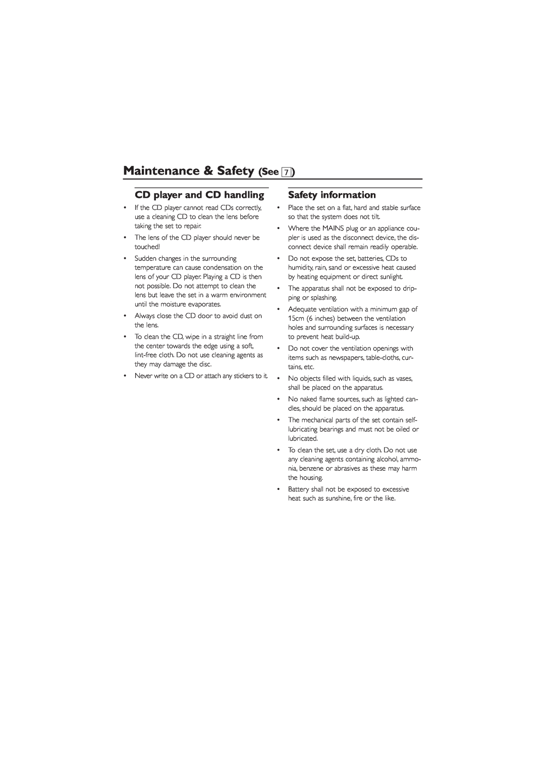 Philips AZ1839 user manual Maintenance & Safety See, CD player and CD handling, Safety information 