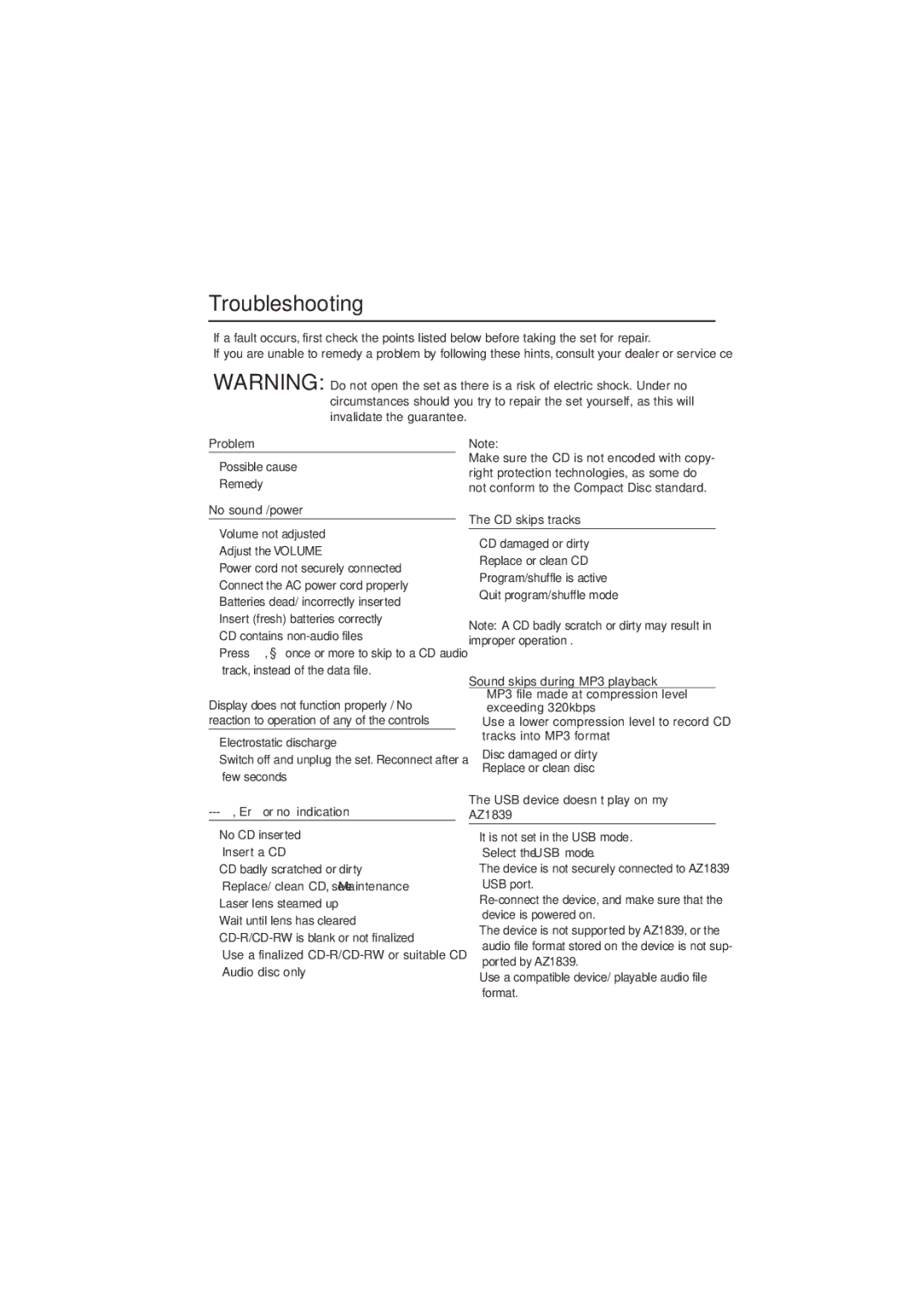 Philips AZ1839/98 user manual Troubleshooting, Improper operation, Sound skips during MP3 playback 