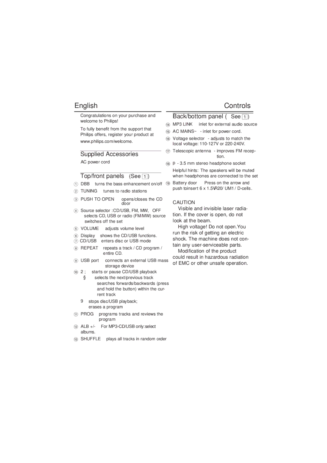 Philips AZ1839/98 user manual English Controls, Supplied Accessories, Top/front panels See, Back/bottom panel See 