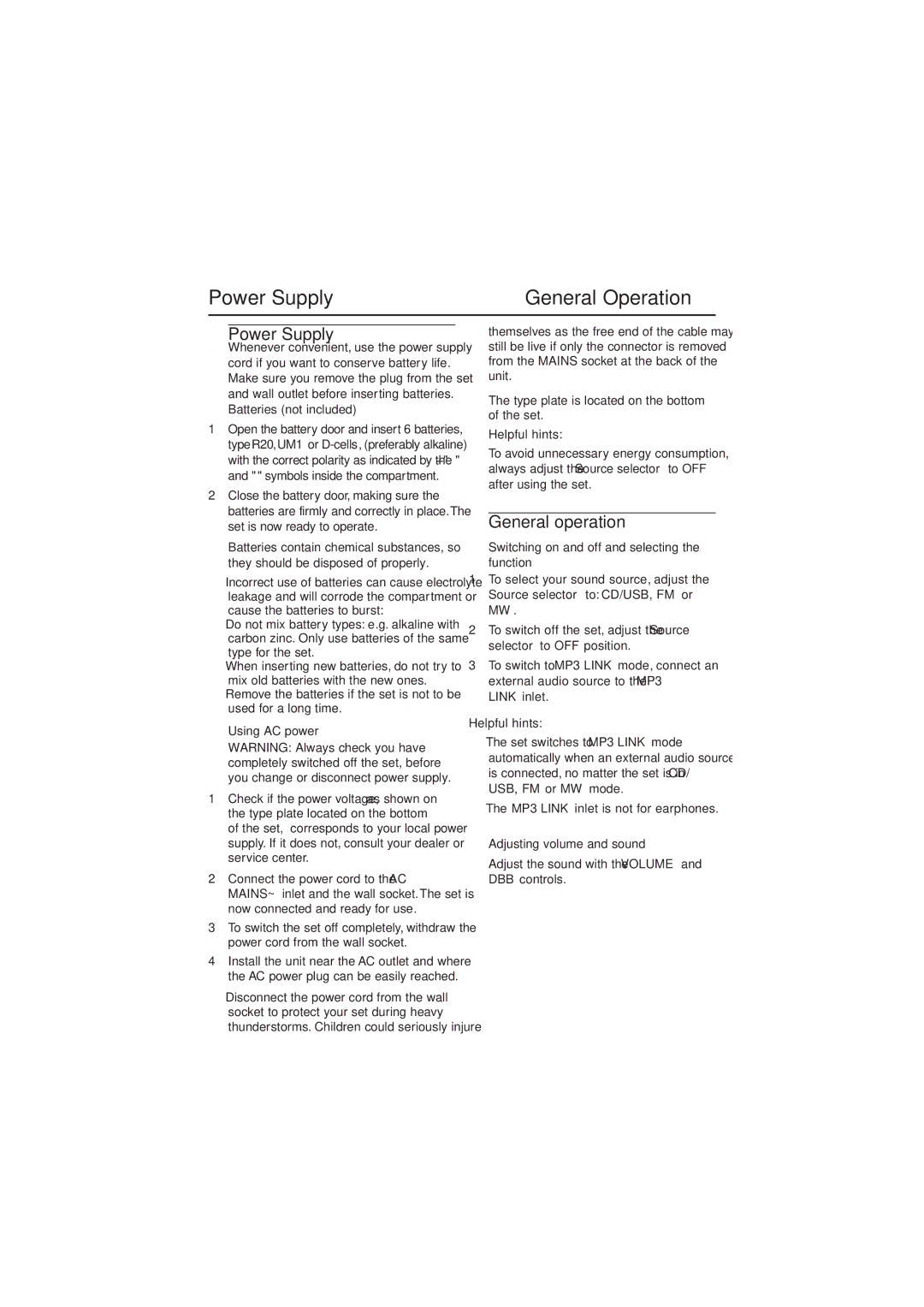 Philips AZ1839/98 user manual Power Supply General Operation, General operation 