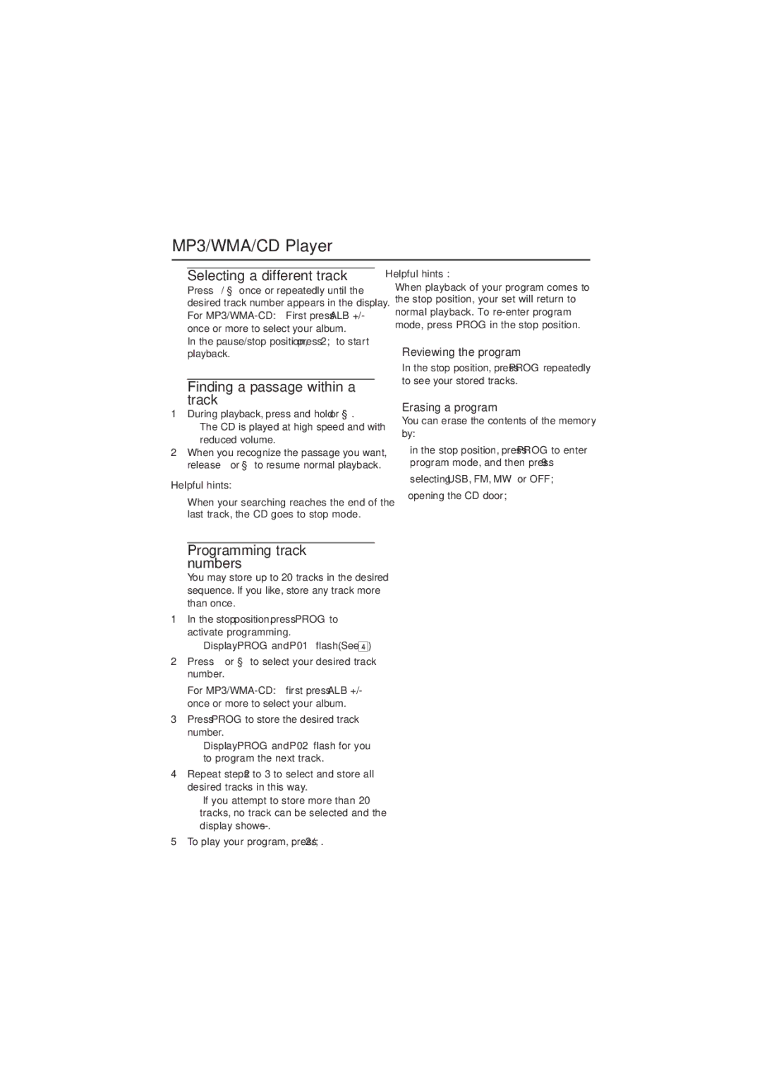 Philips AZ1839/98 user manual Selecting a different track, Finding a passage within a track, Programming track numbers 