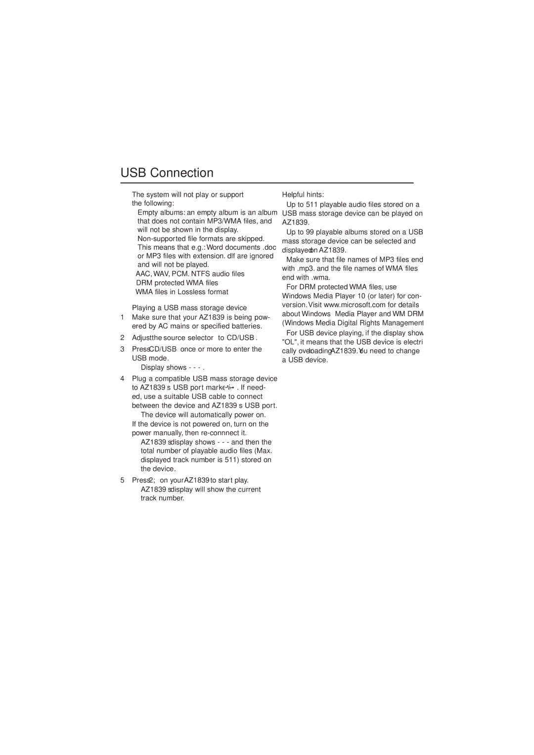 Philips AZ1839/98 USB Connection, System will not play or support the following, Playing a USB mass storage device 