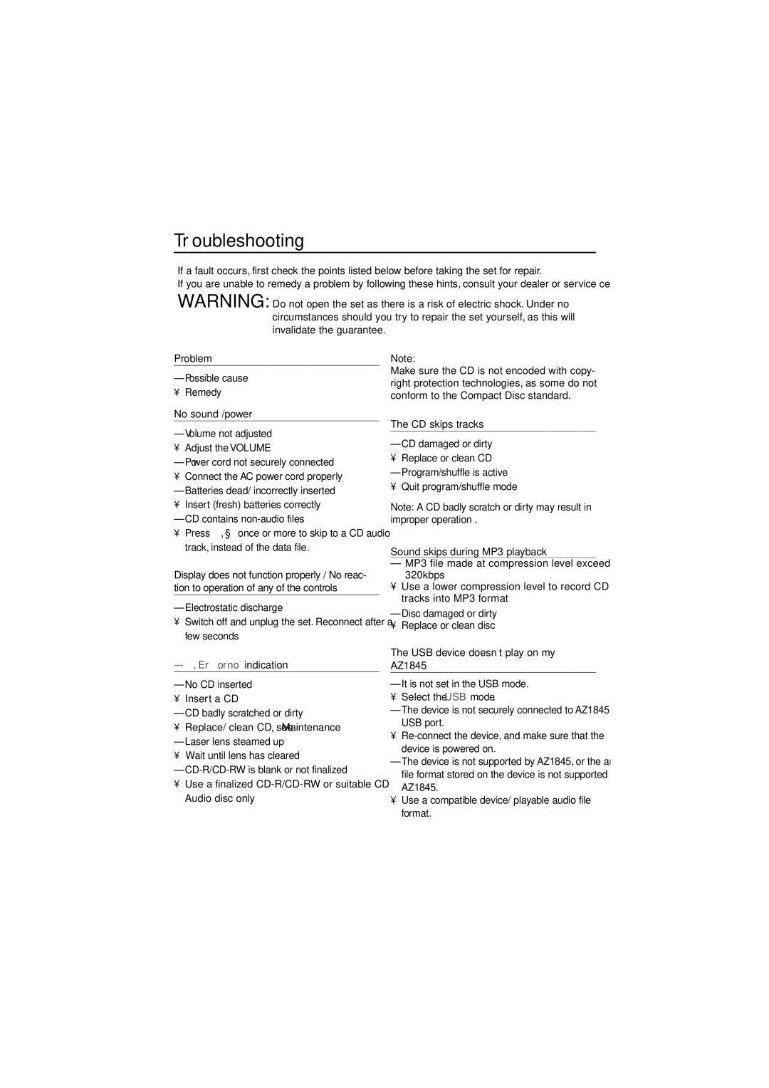 Philips AZ1845 user manual Troubleshooting, Invalidate the guarantee, Improper operation 