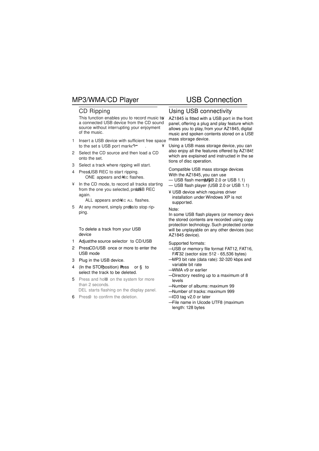 Philips AZ1845 user manual Using USB connectivity, Supported formats 