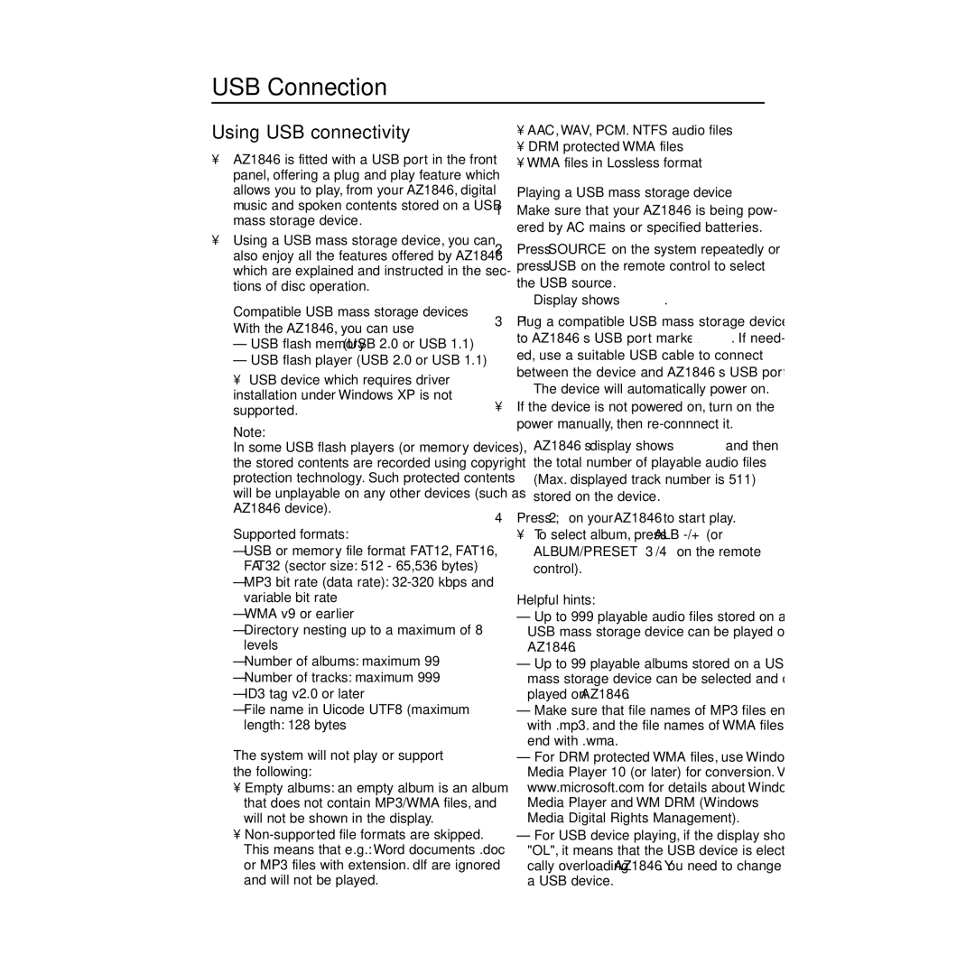 Philips AZ1846 USB Connection, Using USB connectivity, Supported formats, System will not play or support the following 