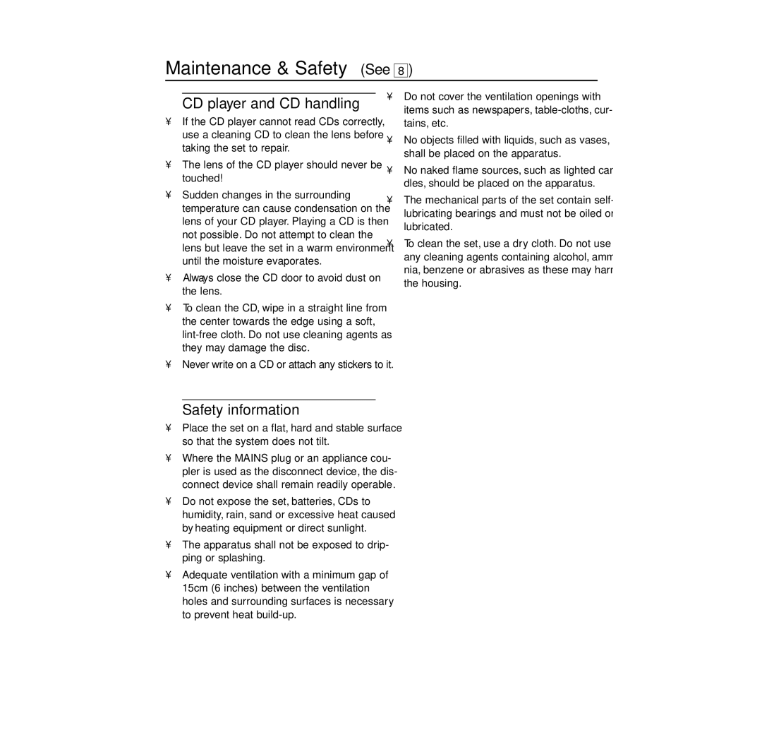 Philips AZ1846 user manual Maintenance & Safety See, CD player and CD handling, Safety information 