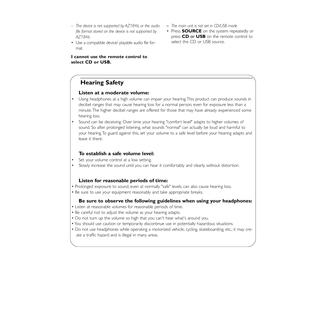 Philips AZ1846 user manual Hearing Safety, Use a compatible device/ playable audio file for- mat 