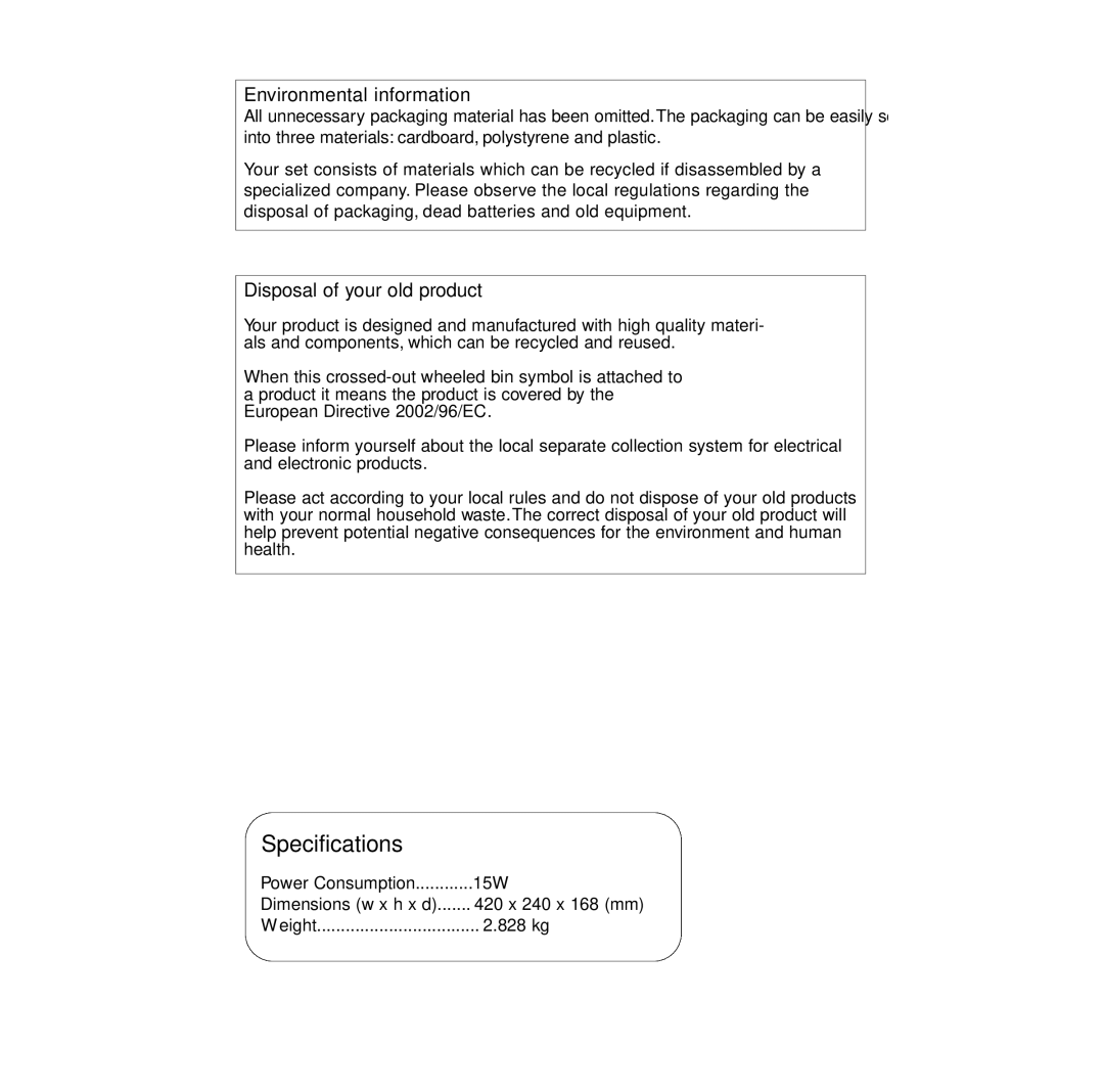 Philips AZ1846 user manual Specifications 