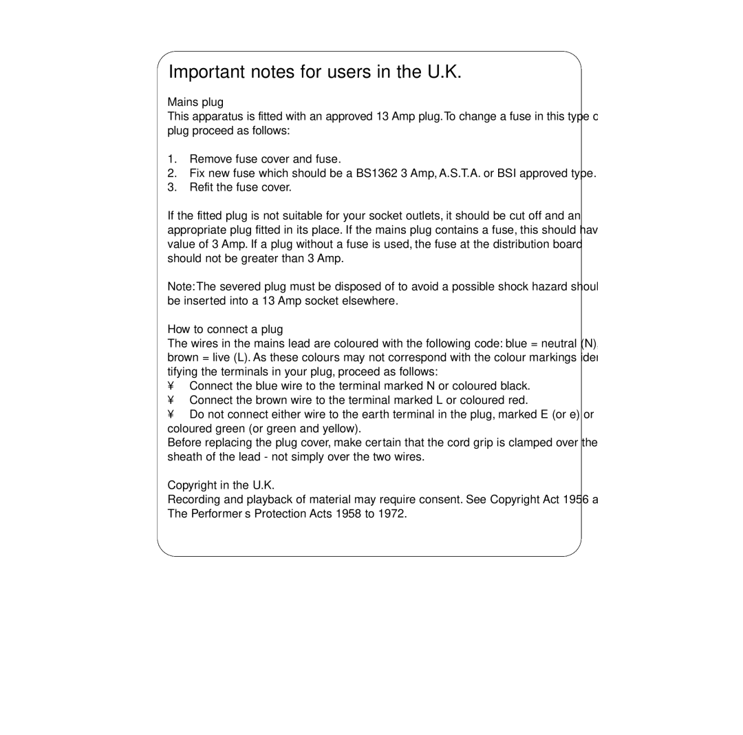 Philips AZ1846 user manual Important notes for users in the U.K, Mains plug 