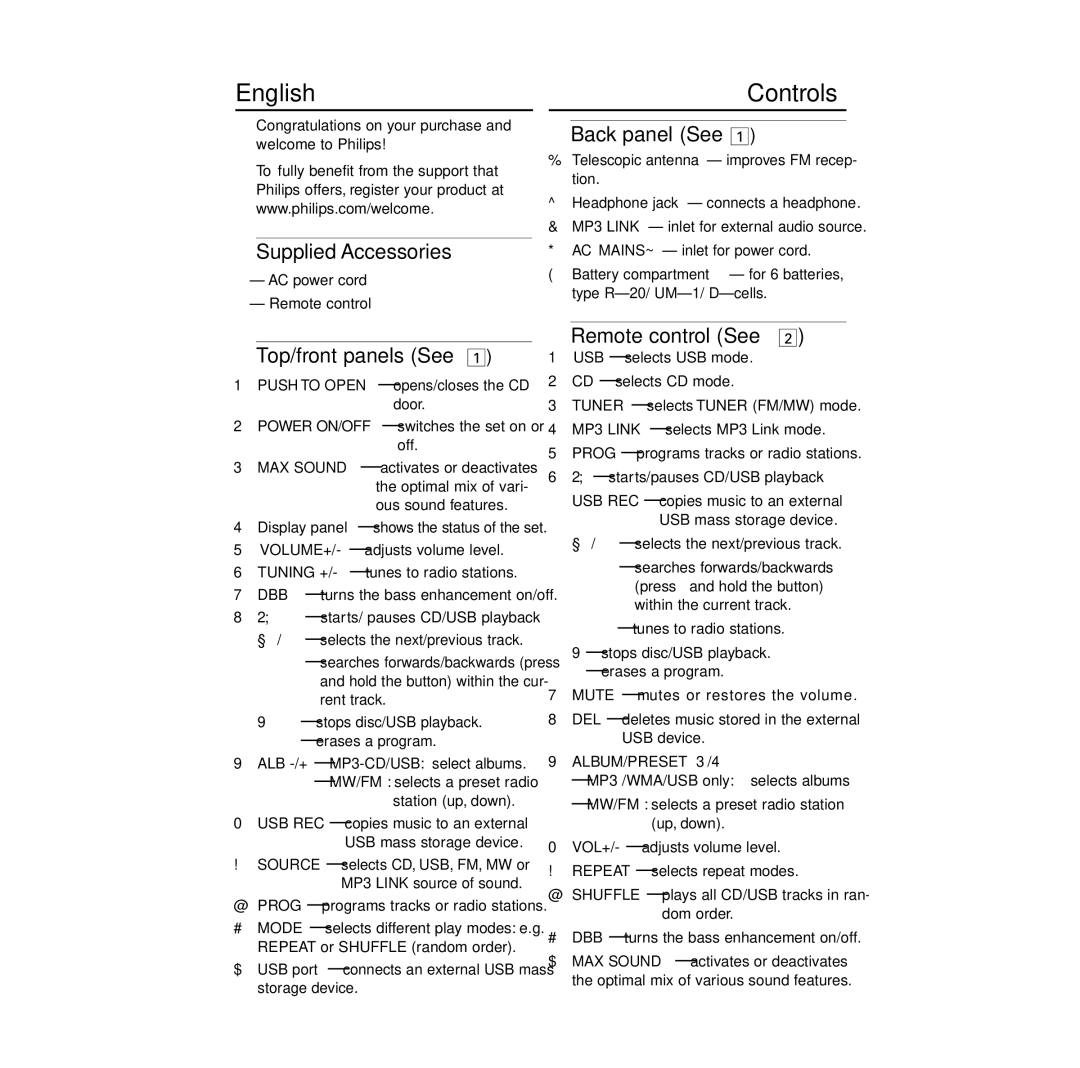 Philips AZ1846 user manual English, Controls 