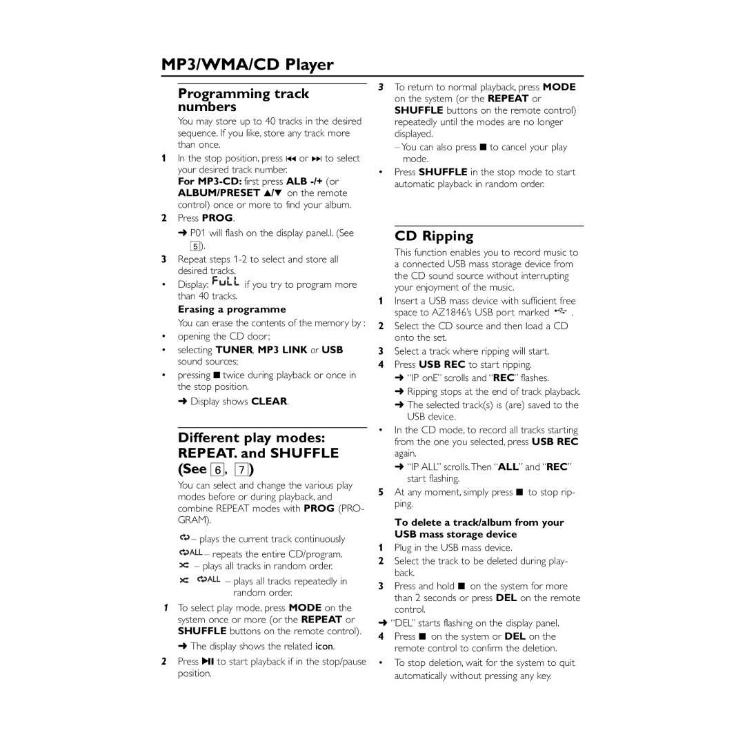 Philips AZ1846 user manual Programming track numbers, Different play modes REPEAT. and Shuffle See 6, CD Ripping 