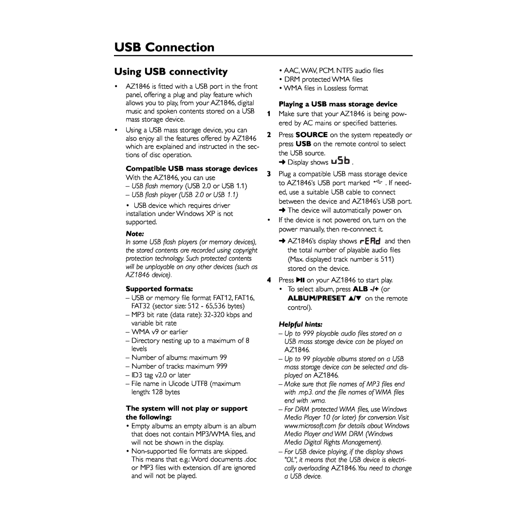 Philips AZ1846 user manual USB Connection, Using USB connectivity, Supported formats, Playing a USB mass storage device 