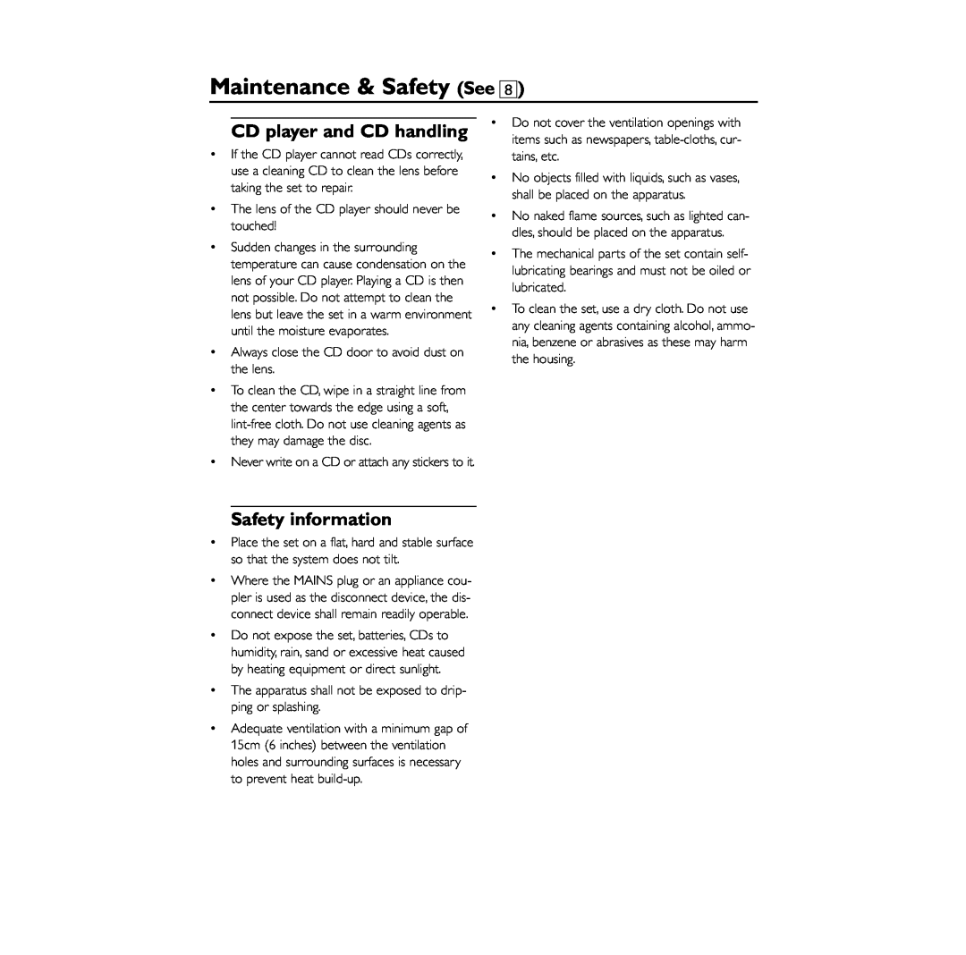 Philips AZ1846 user manual Maintenance & Safety See, CD player and CD handling, Safety information 