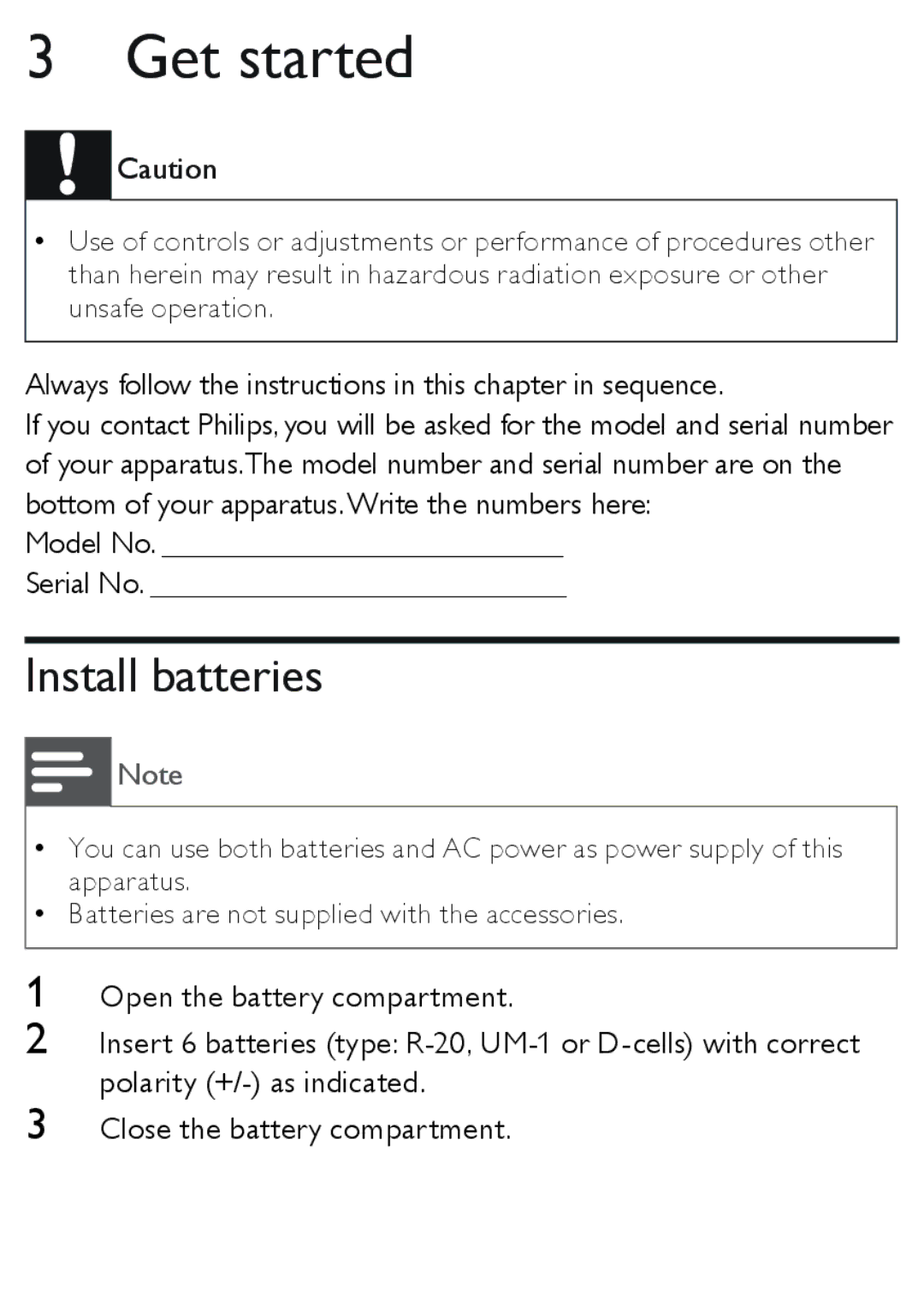 Philips AZ1850 user manual Get started, Install batteries 