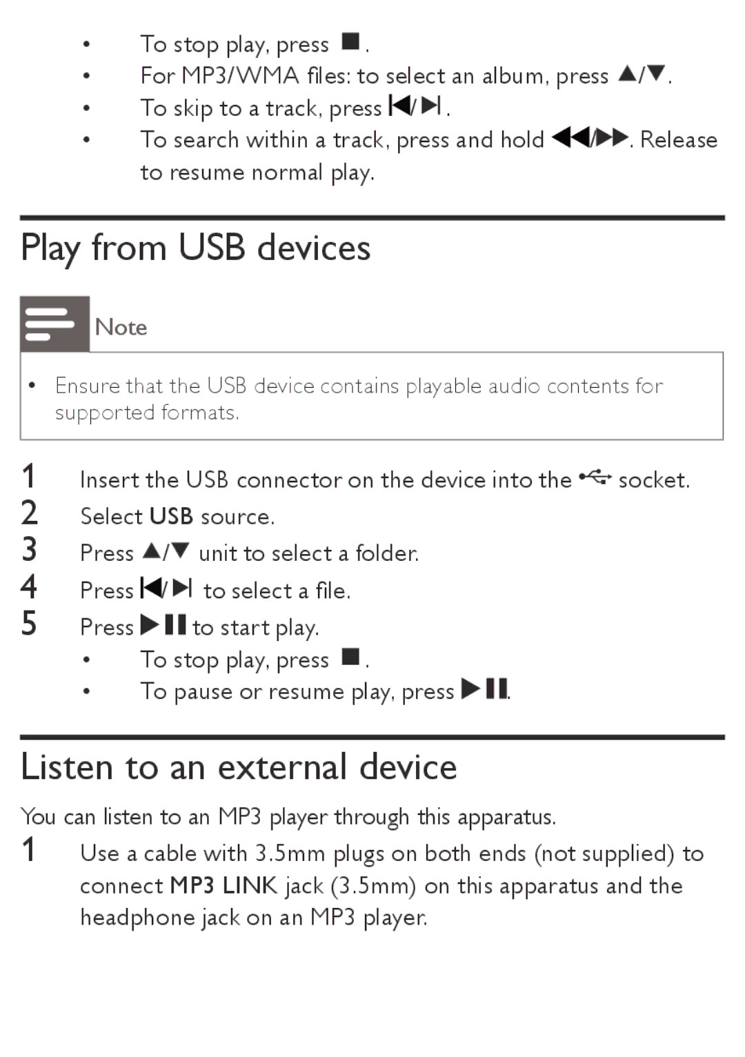 Philips AZ1850 user manual Play from USB devices, Listen to an external device 