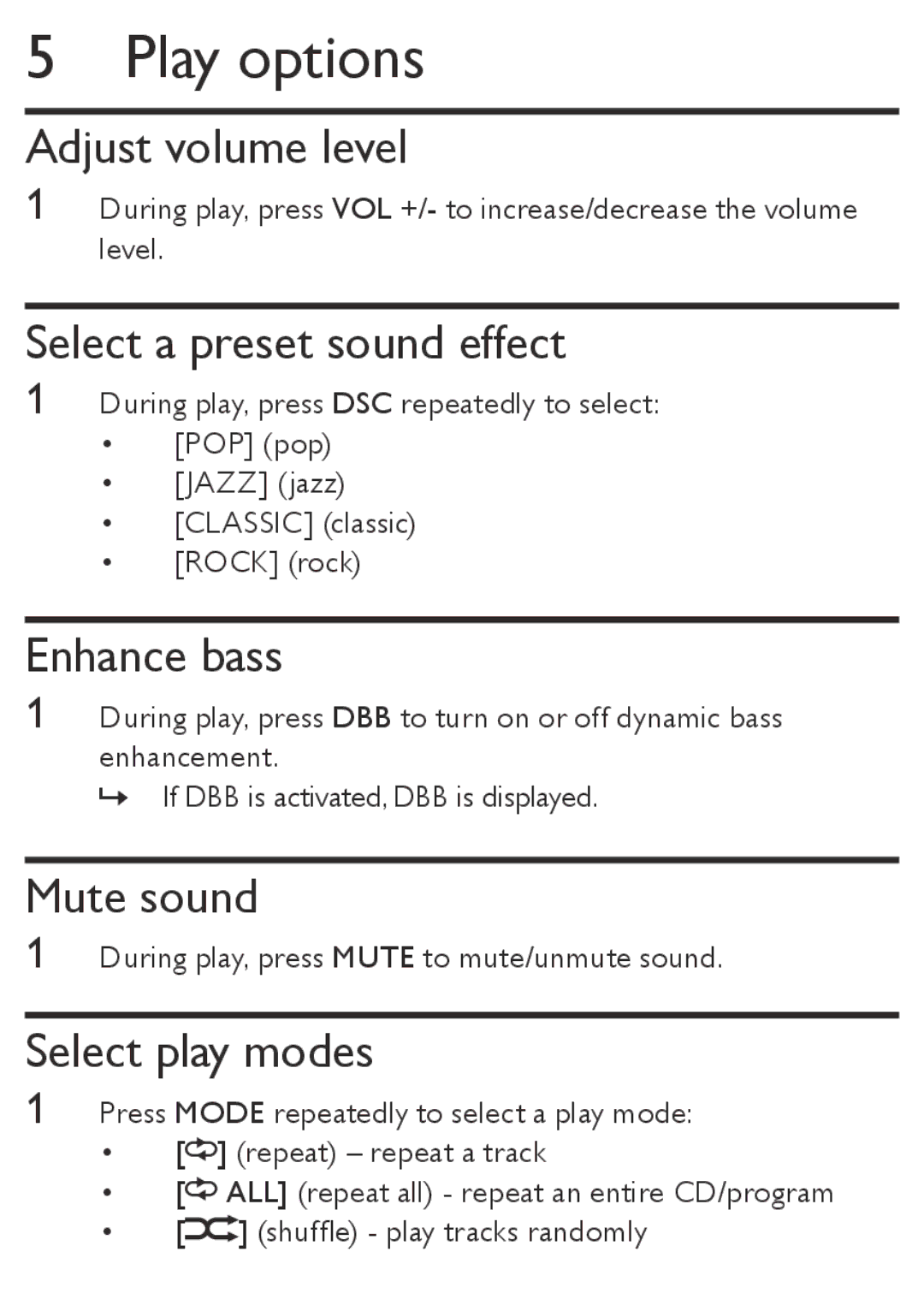 Philips AZ1850 user manual Play options 