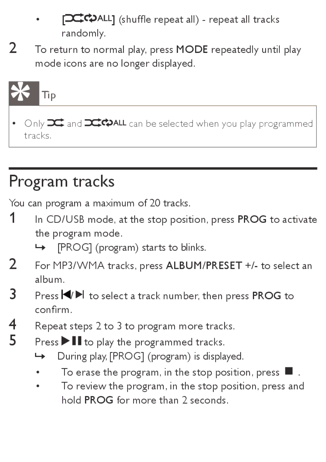 Philips AZ1850 user manual Program tracks 