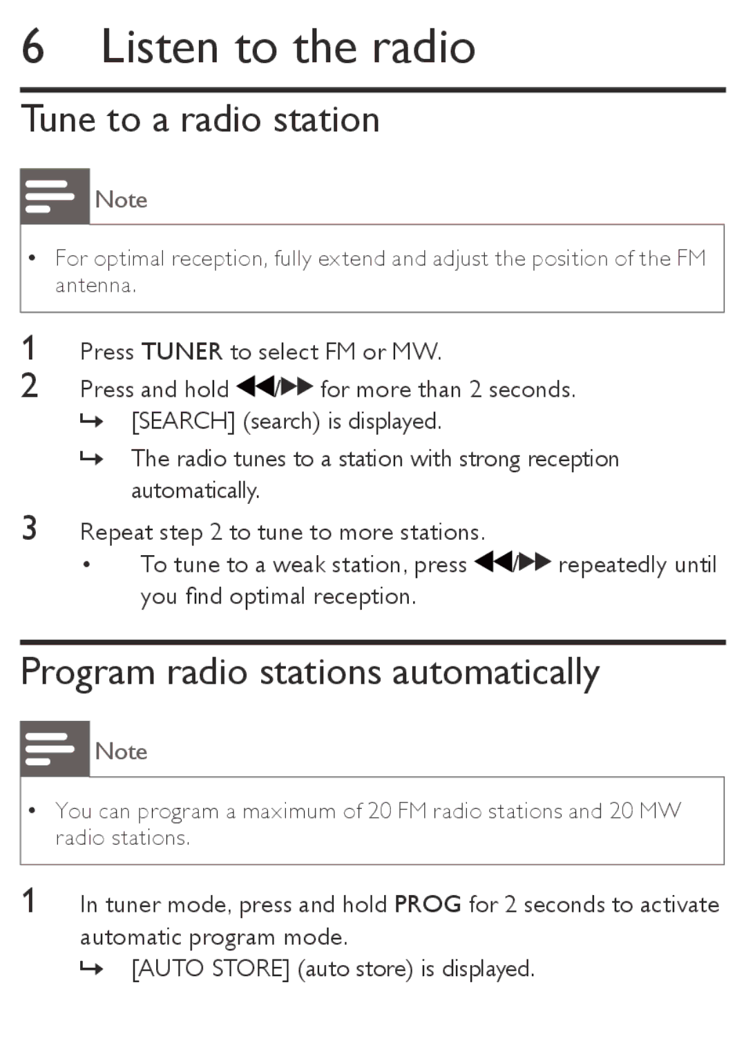 Philips AZ1850 user manual Listen to the radio, Tune to a radio station, Program radio stations automatically 