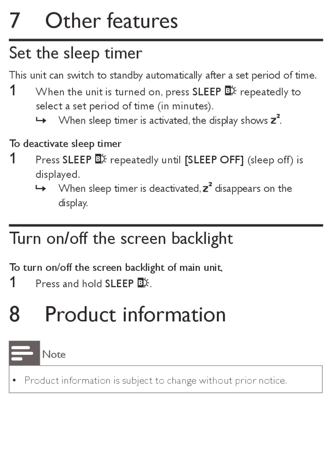 Philips AZ1850 user manual Other features, Product information, Set the sleep timer, Turn on/off the screen backlight 