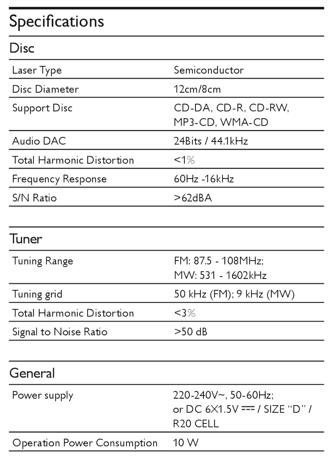 Philips AZ1850 user manual Specifications, Disc 