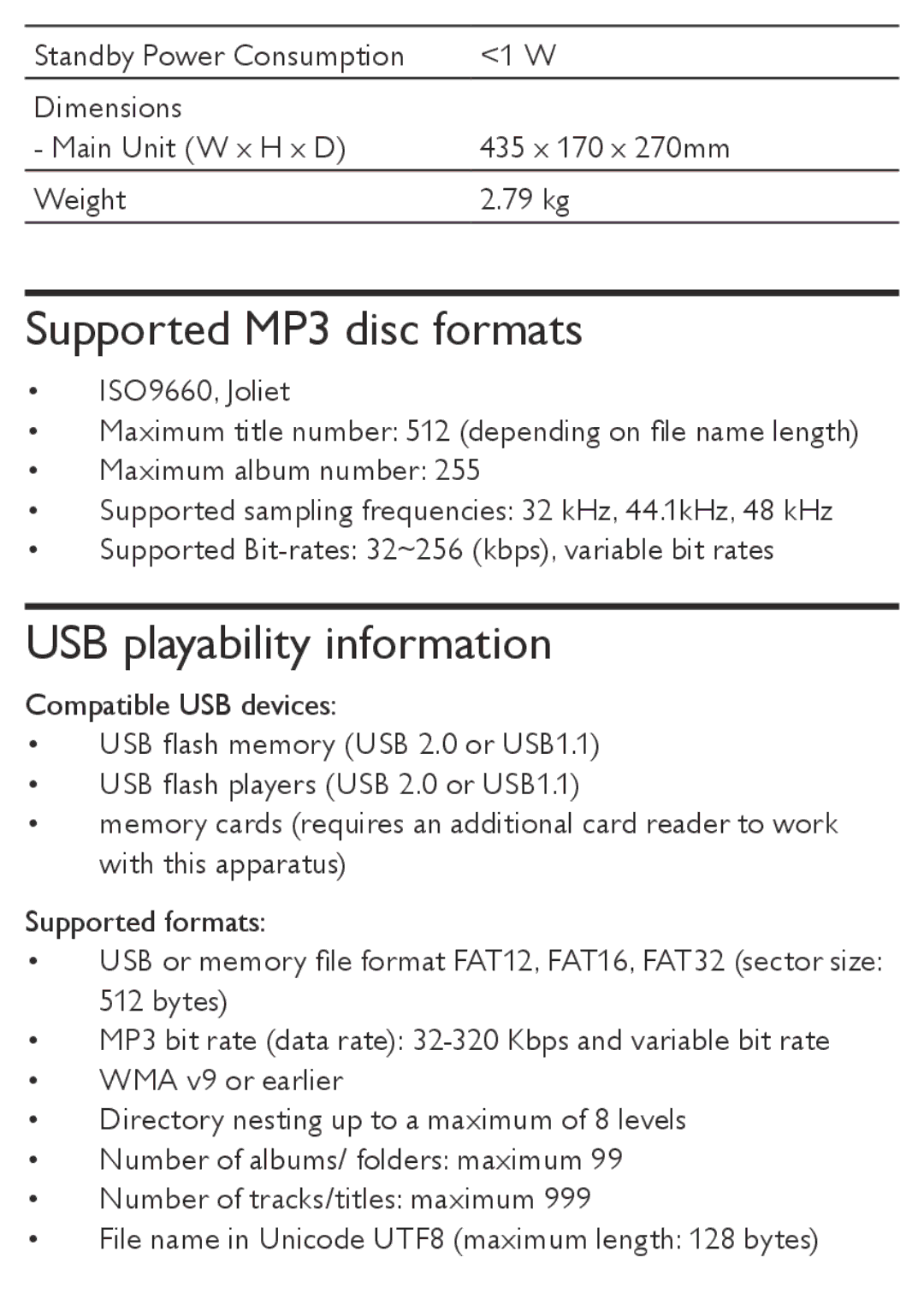 Philips AZ1850 user manual Supported MP3 disc formats, USB playability information 