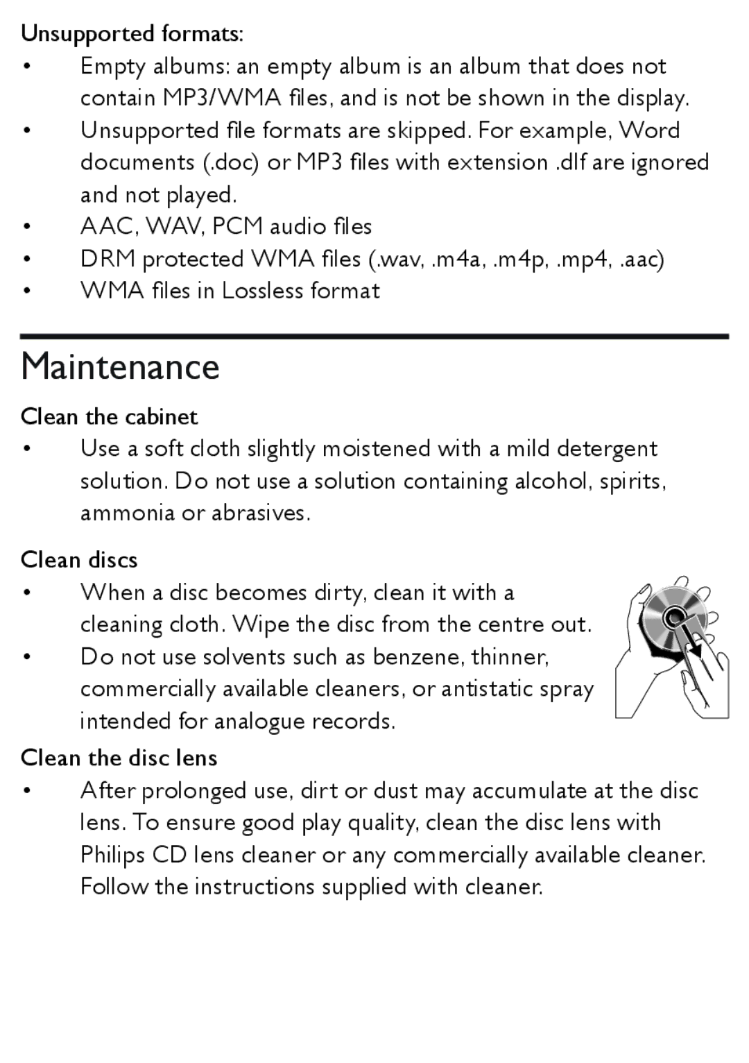 Philips AZ1850 user manual Maintenance, Unsupported formats 