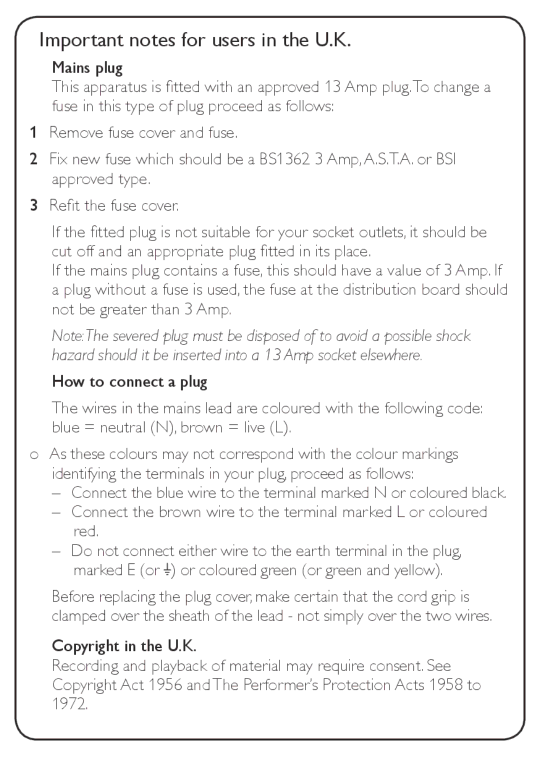 Philips AZ1850 user manual Important notes for users in the U.K 