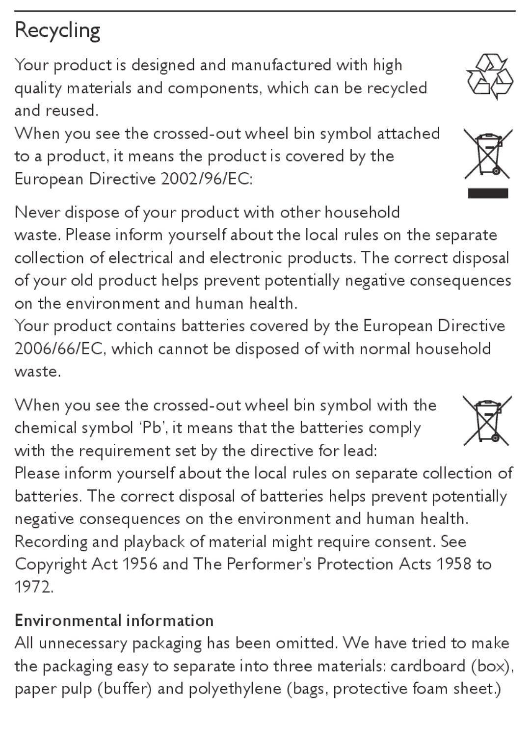 Philips AZ1850 user manual Recycling 