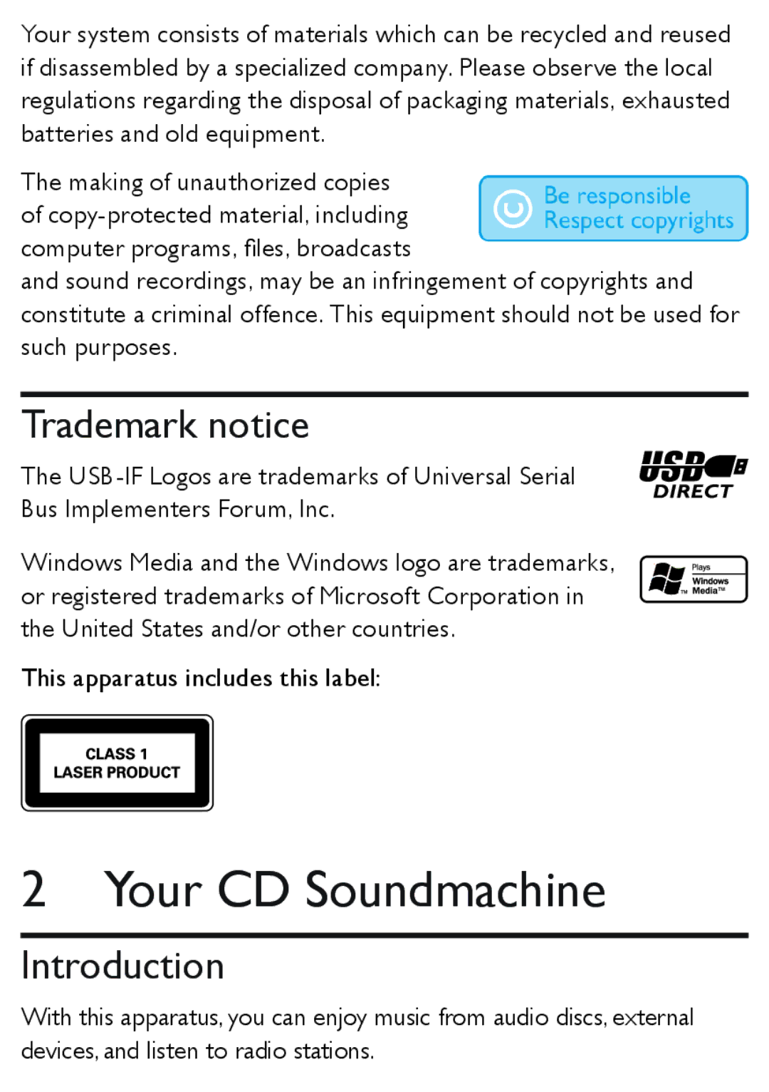 Philips AZ1850 user manual Your CD Soundmachine, Trademark notice, Introduction 