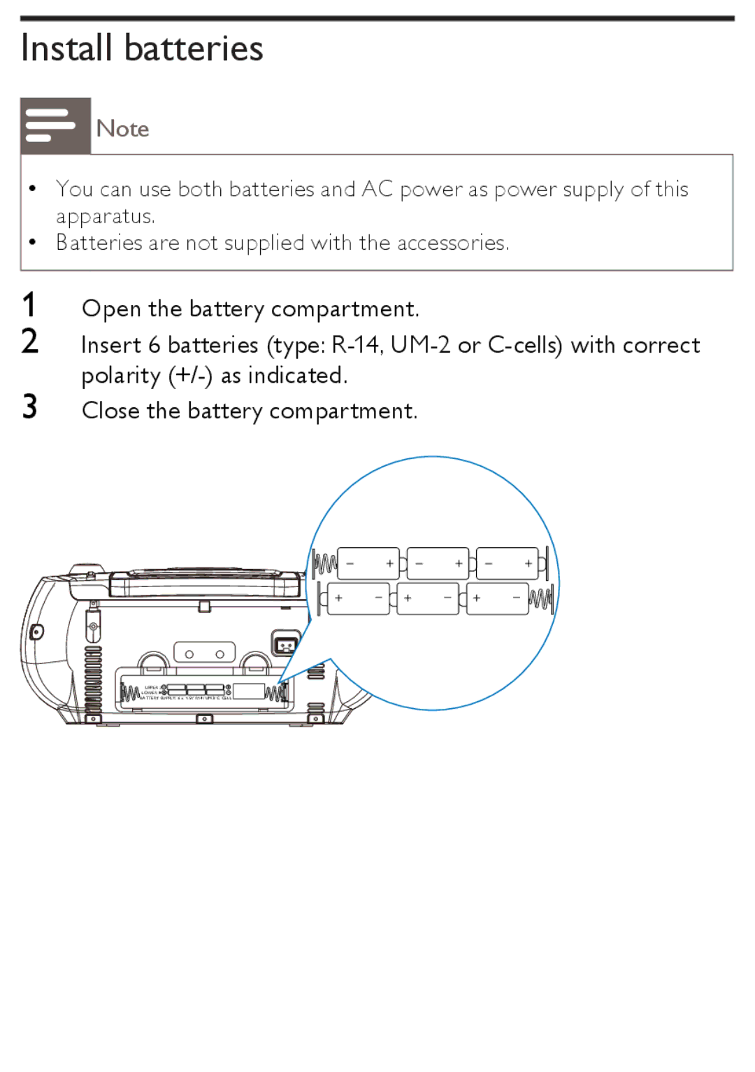 Philips AZ1852 user manual Install batteries 