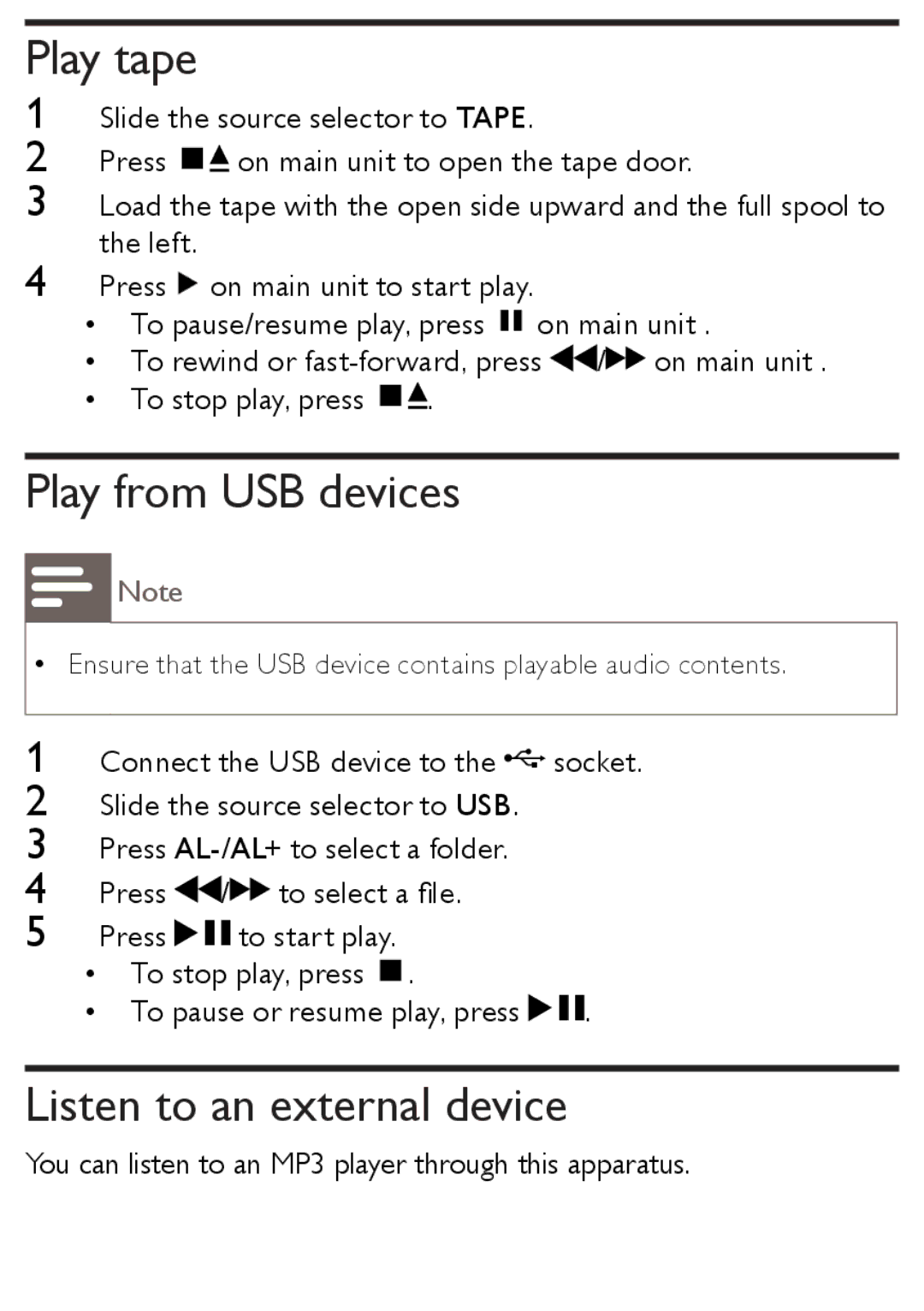 Philips AZ1852 user manual Play tape, Play from USB devices, Listen to an external device 