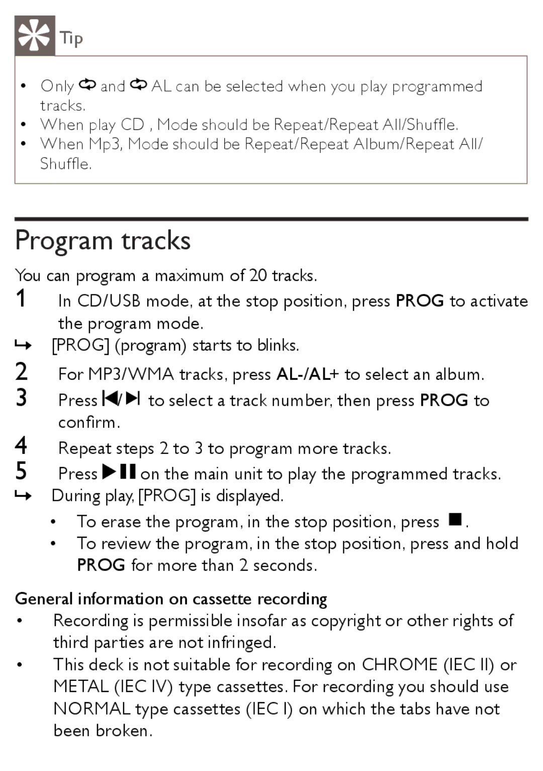 Philips AZ1852 user manual Program tracks, Tip 