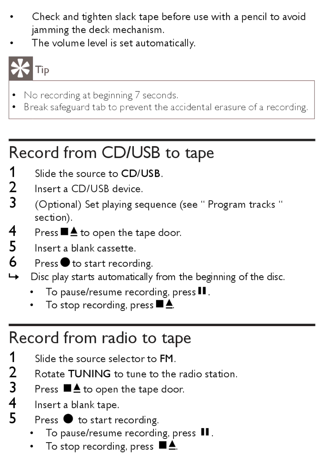 Philips AZ1852 user manual Record from CD/USB to tape, Record from radio to tape 