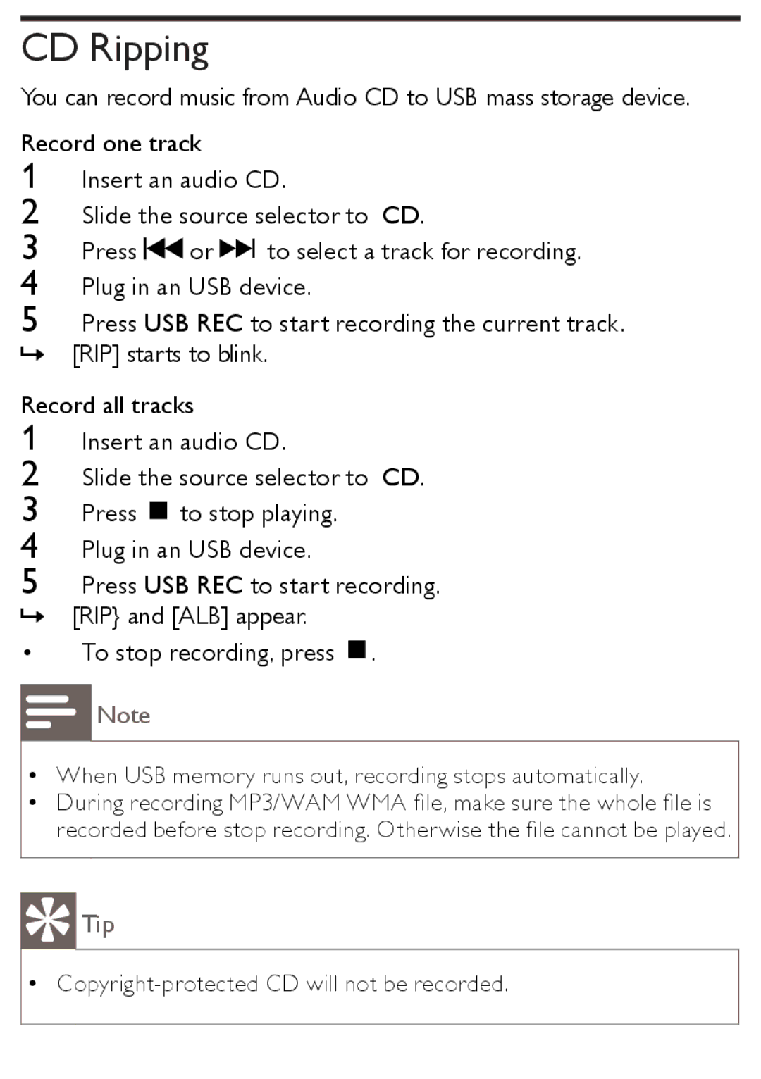 Philips AZ1852 user manual CD Ripping 