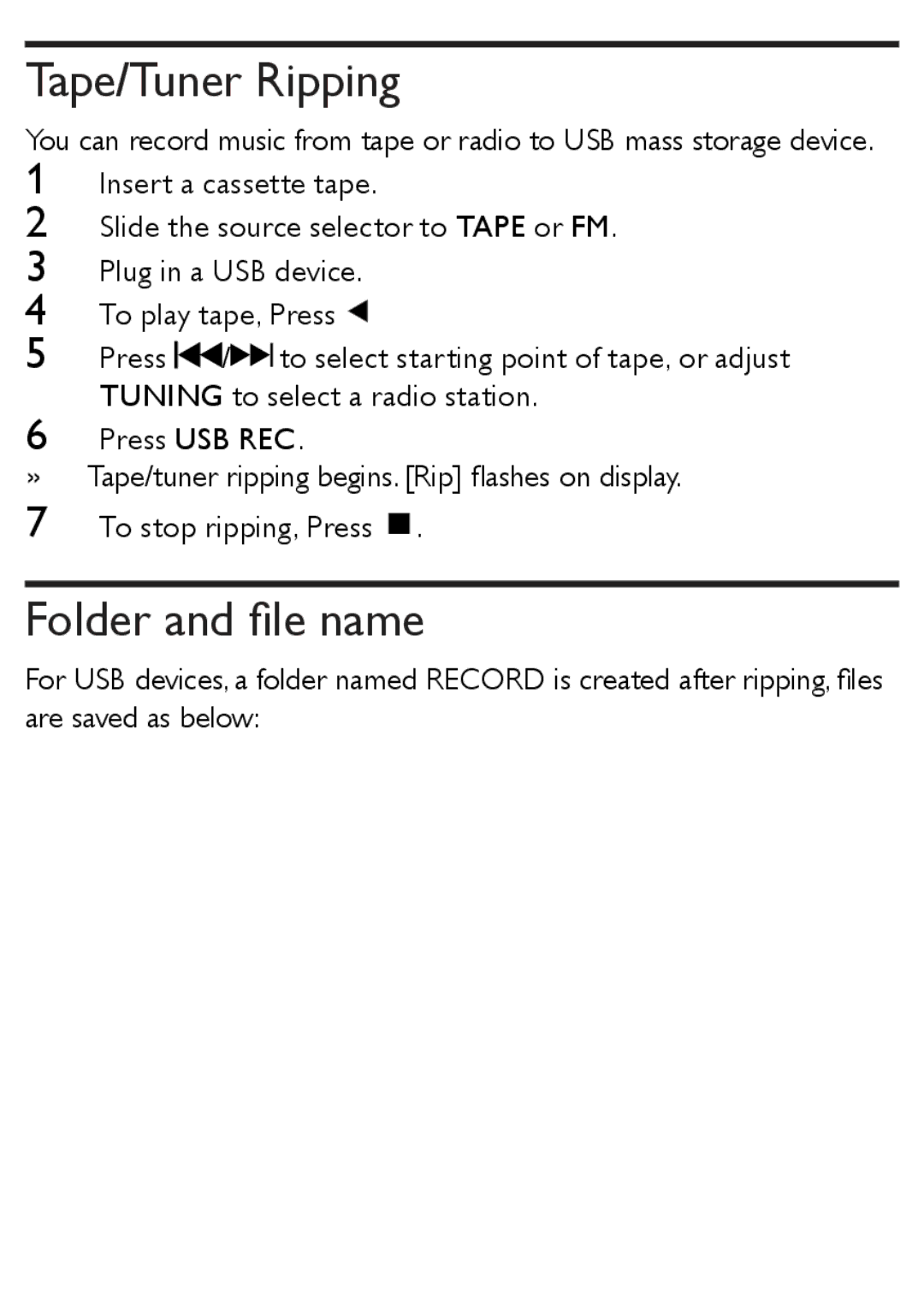 Philips AZ1852 user manual Tape/Tuner Ripping, Folder and file name 