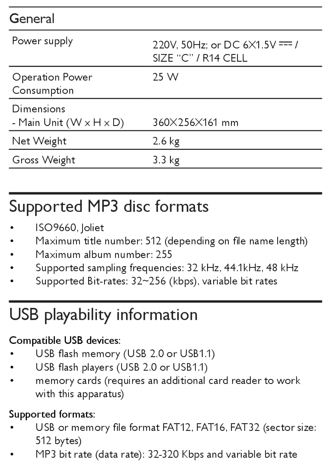 Philips AZ1852 user manual Supported MP3 disc formats, USB playability information 