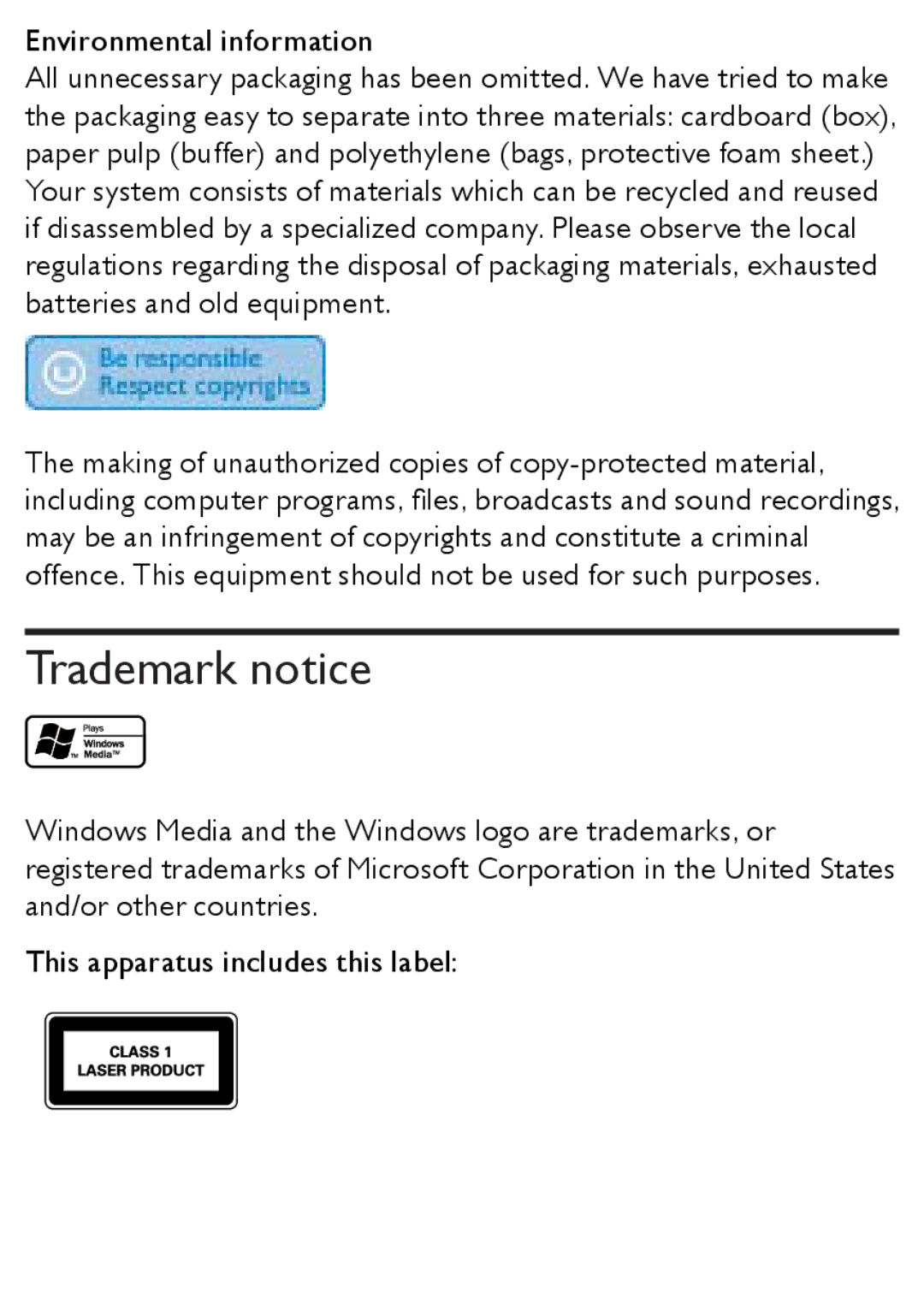 Philips AZ1852 user manual Trademark notice, Environmental information 