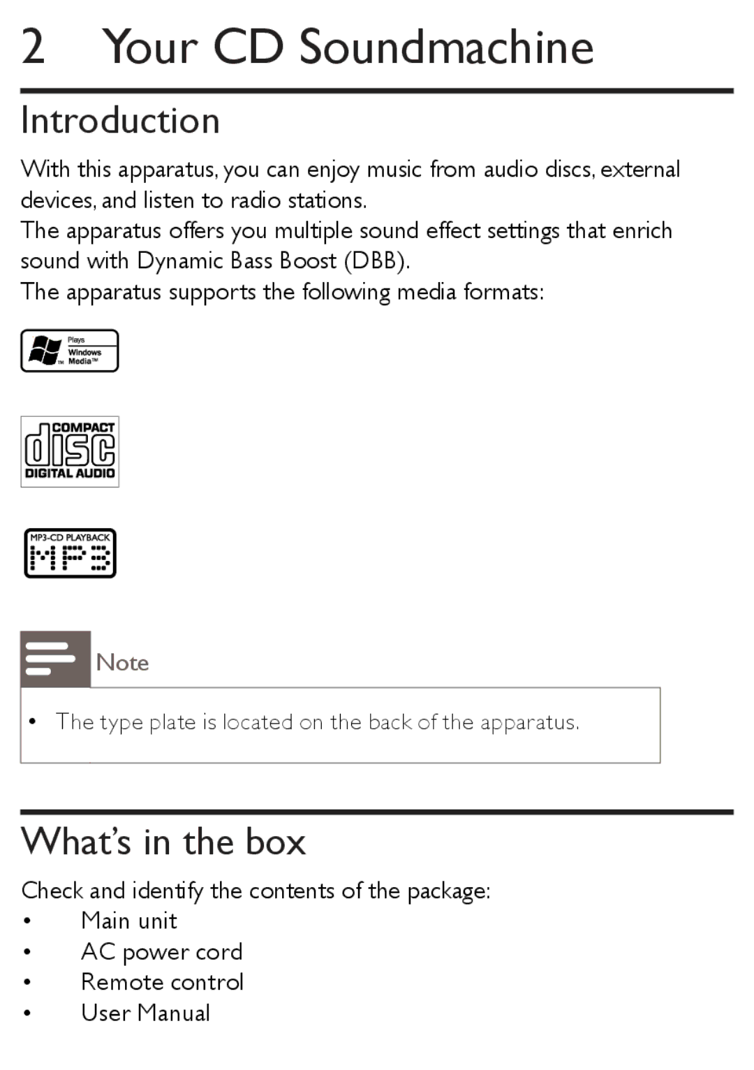 Philips AZ1852 user manual Your CD Soundmachine, Introduction, What’s in the box 