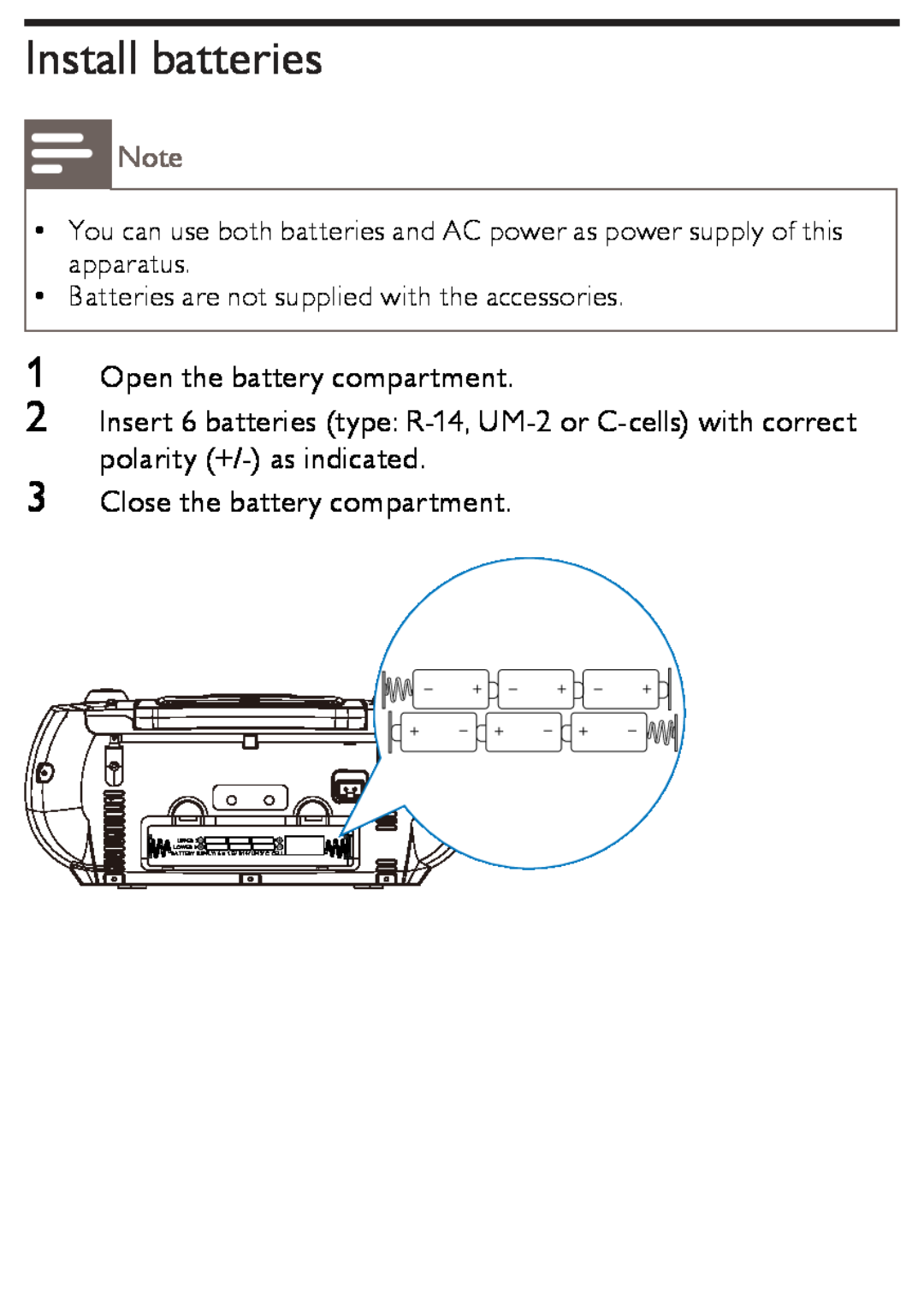 Philips AZ1852 user manual Install batteries, Open the battery compartment, Close the battery compartment 