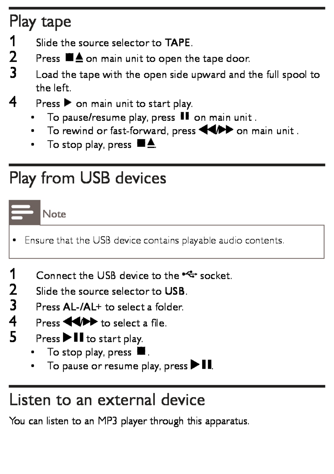 Philips AZ1852 user manual Play tape, Play from USB devices, Listen to an external device 