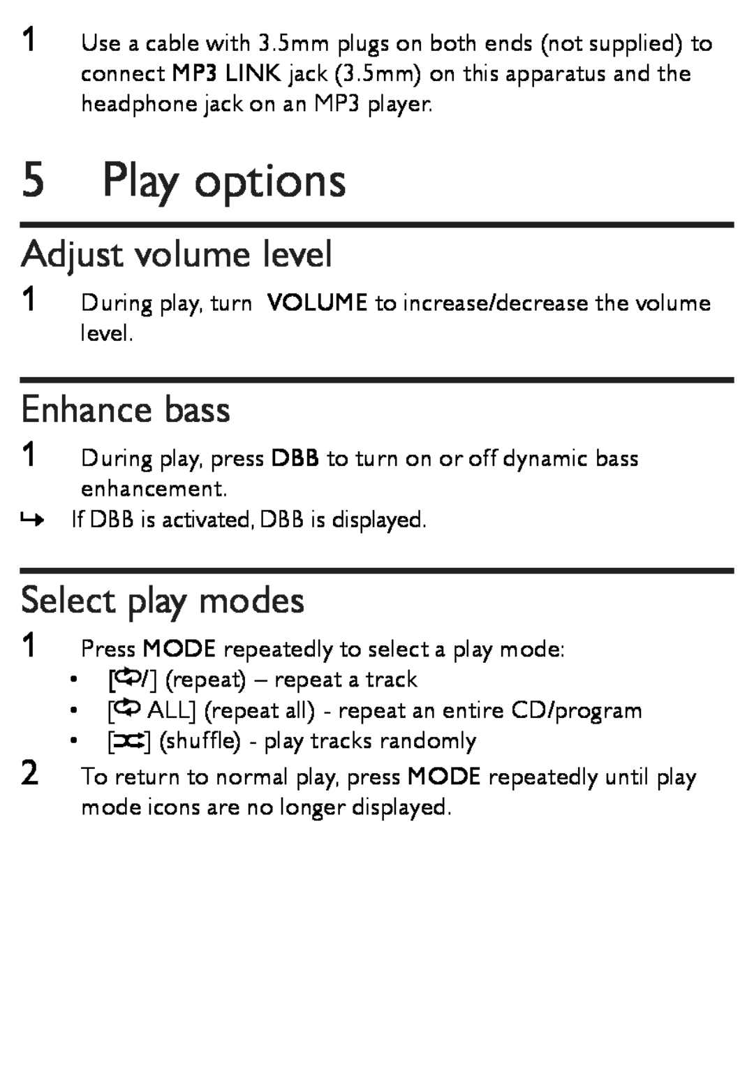 Philips AZ1852 user manual Play options, Adjust volume level, Enhance bass, Select play modes 