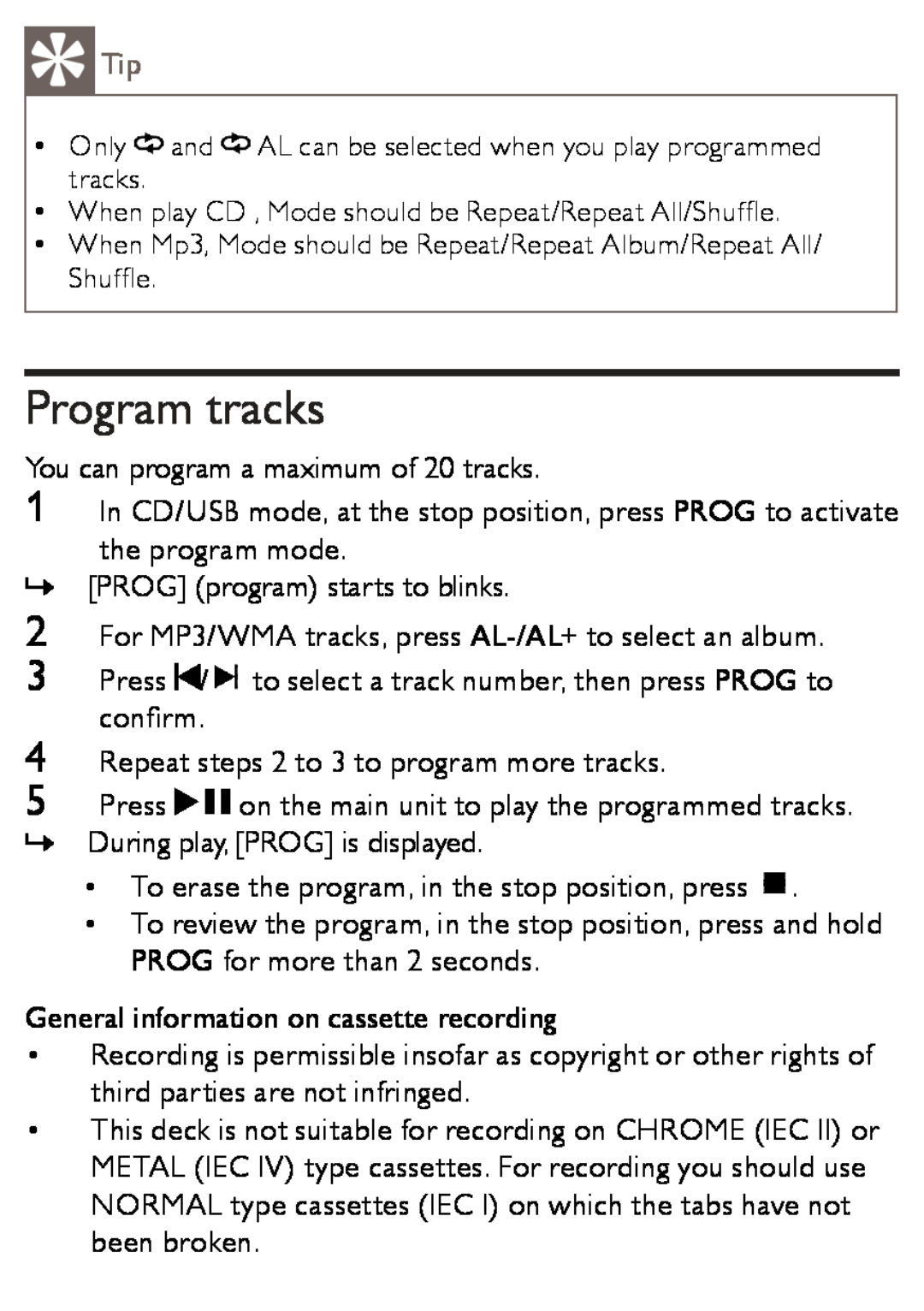 Philips AZ1852 user manual Program tracks 