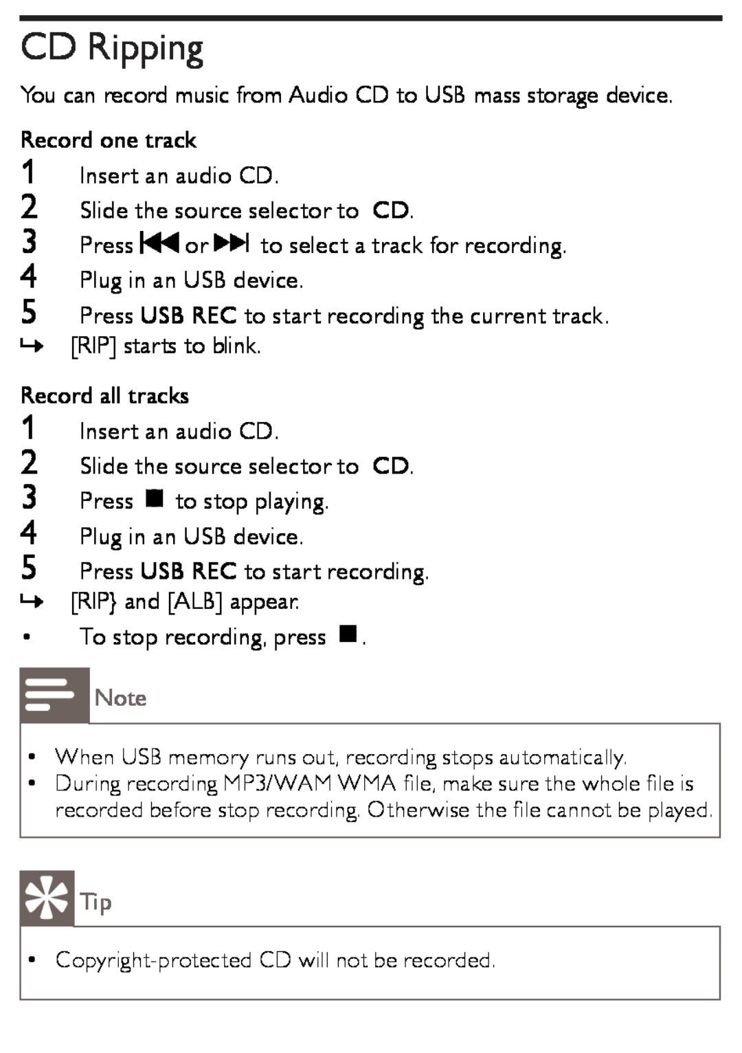 Philips AZ1852 user manual CD Ripping 