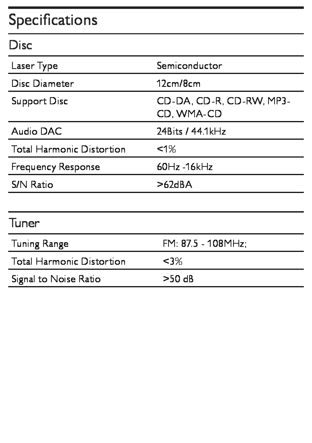 Philips AZ1852 user manual Specifications, Disc, Tuner 