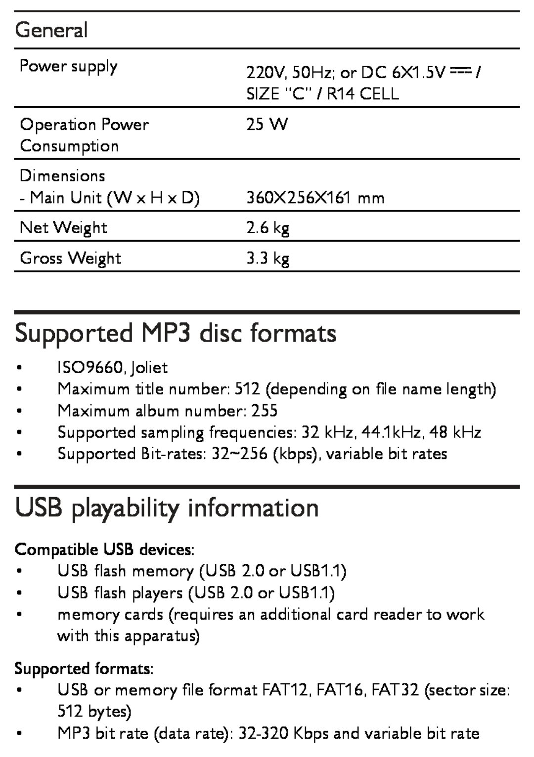Philips AZ1852 user manual Supported MP3 disc formats, USB playability information, General 