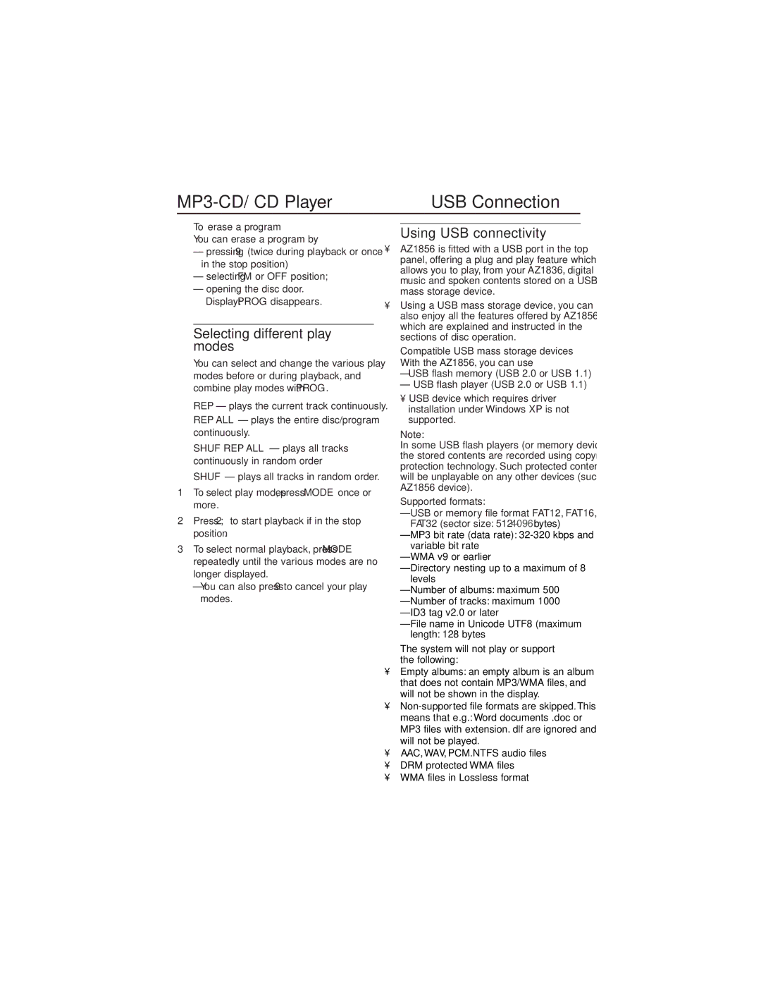 Philips AZ1856 user manual USB Connection, Selecting different play modes, Using USB connectivity 