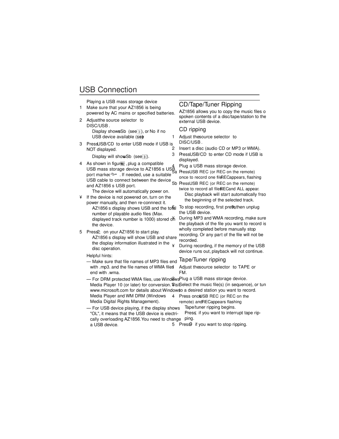 Philips AZ1856 user manual USB Connection, CD/Tape/Tuner Ripping, Playing a USB mass storage device 