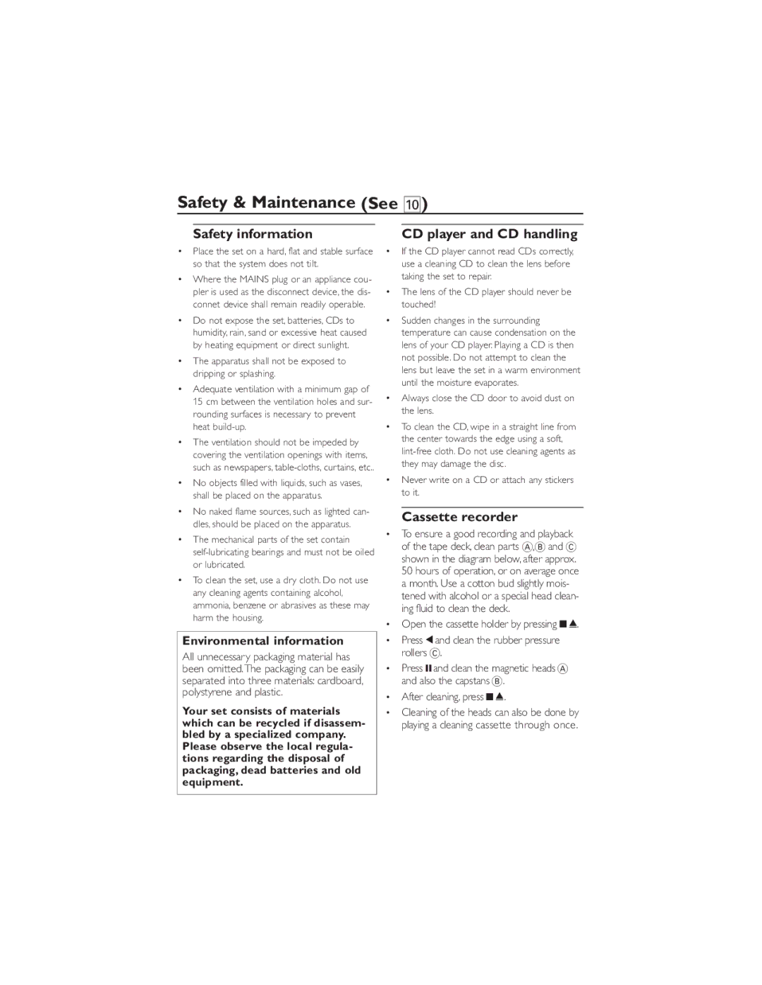 Philips AZ1856 user manual Safety & Maintenance See, Safety information, Cassette recorder 