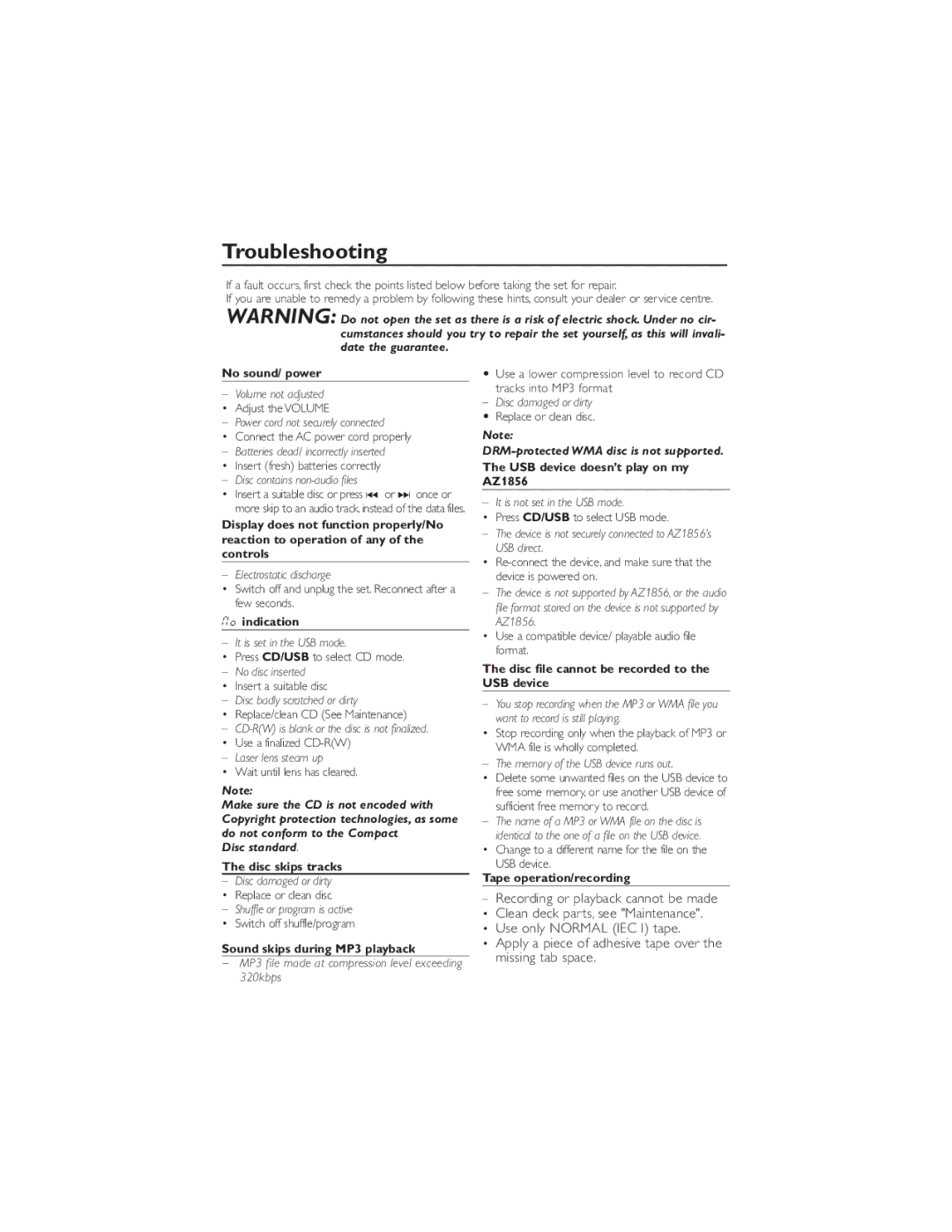 Philips AZ1856 user manual Troubleshooting, Disc standard 