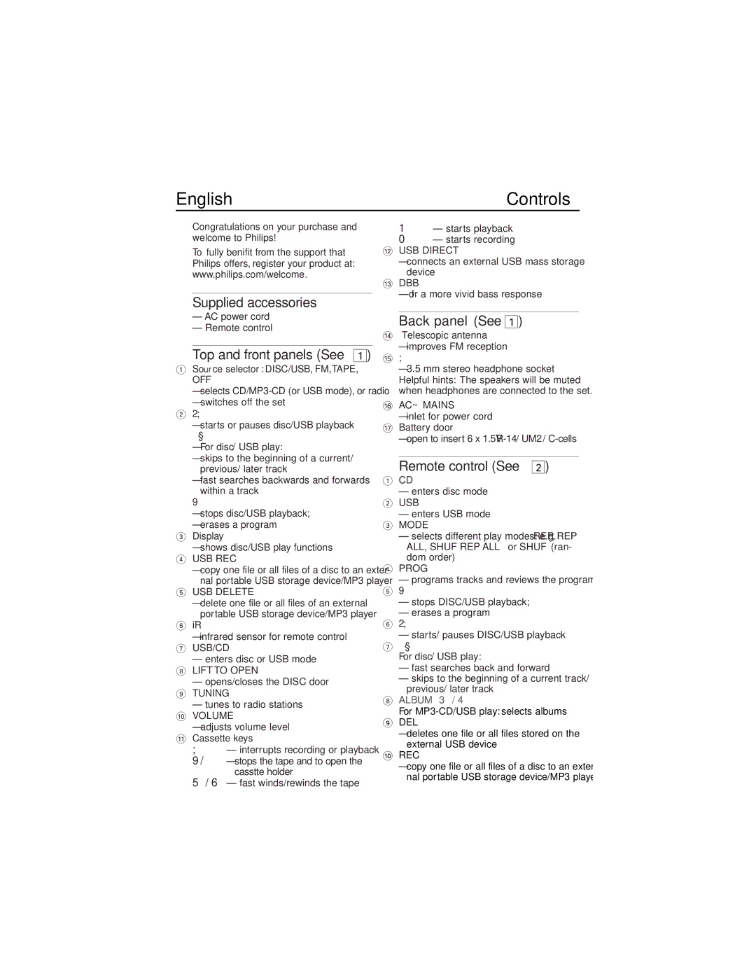 Philips AZ1856 user manual Controls, Supplied accessories, Top and front panels See, Back panel See, Remote control See 